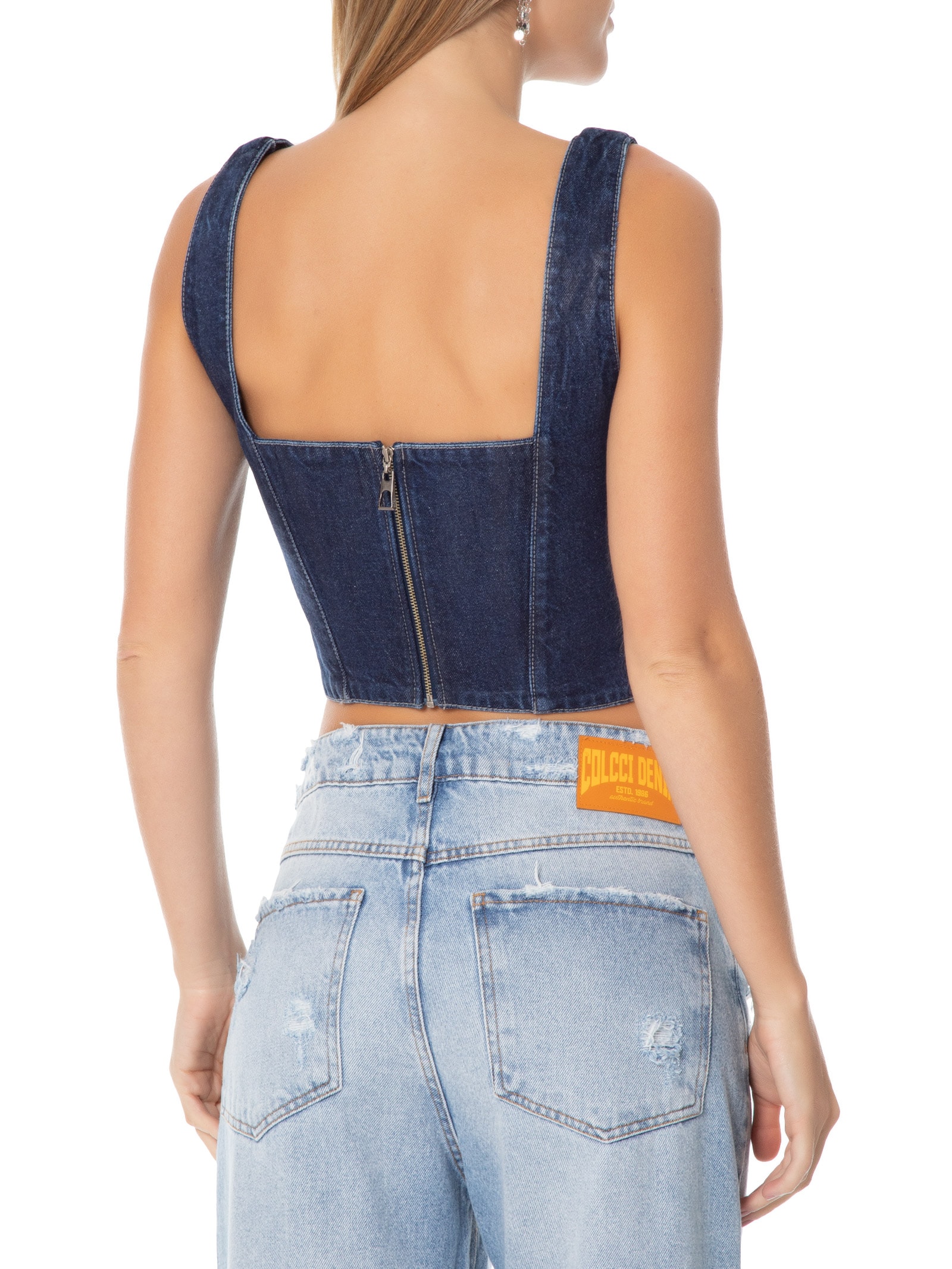 Open - Top Feminino Jeans Resinado Azul