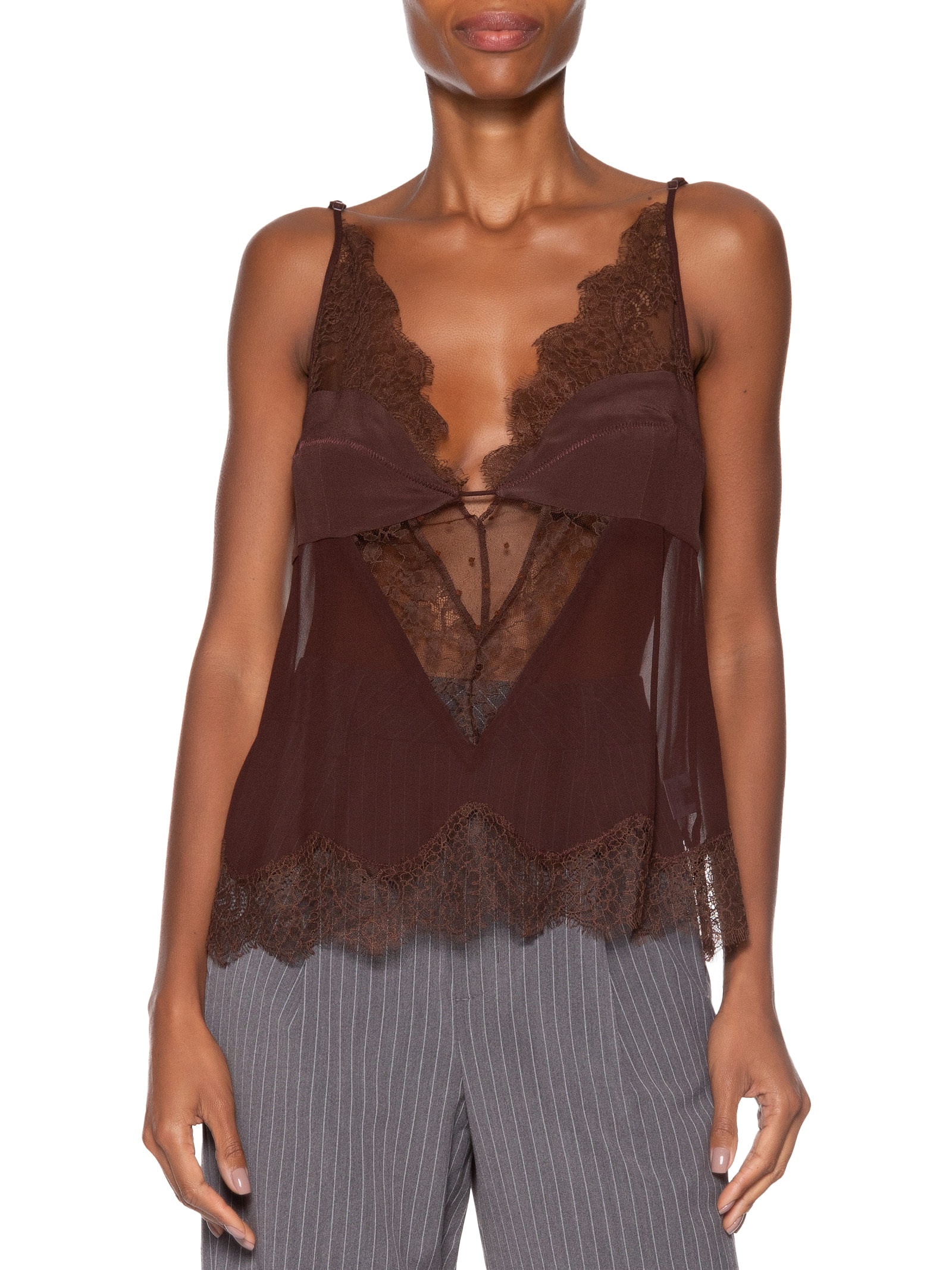 Top Feminino Teresa Mix De Renda Marrom Animale