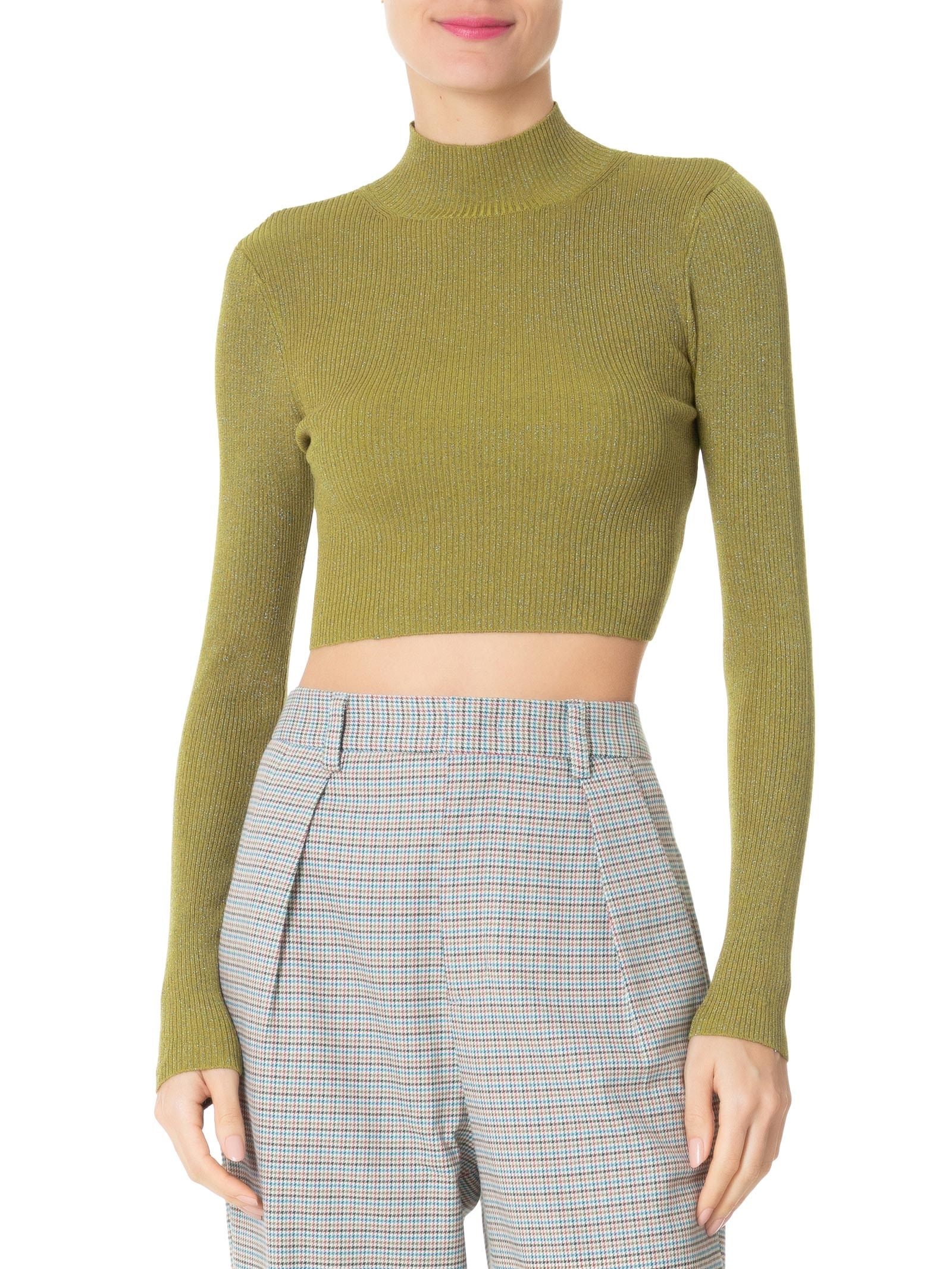 Top Gola Alta Cropped Lurex de Tricot Verde Animale
