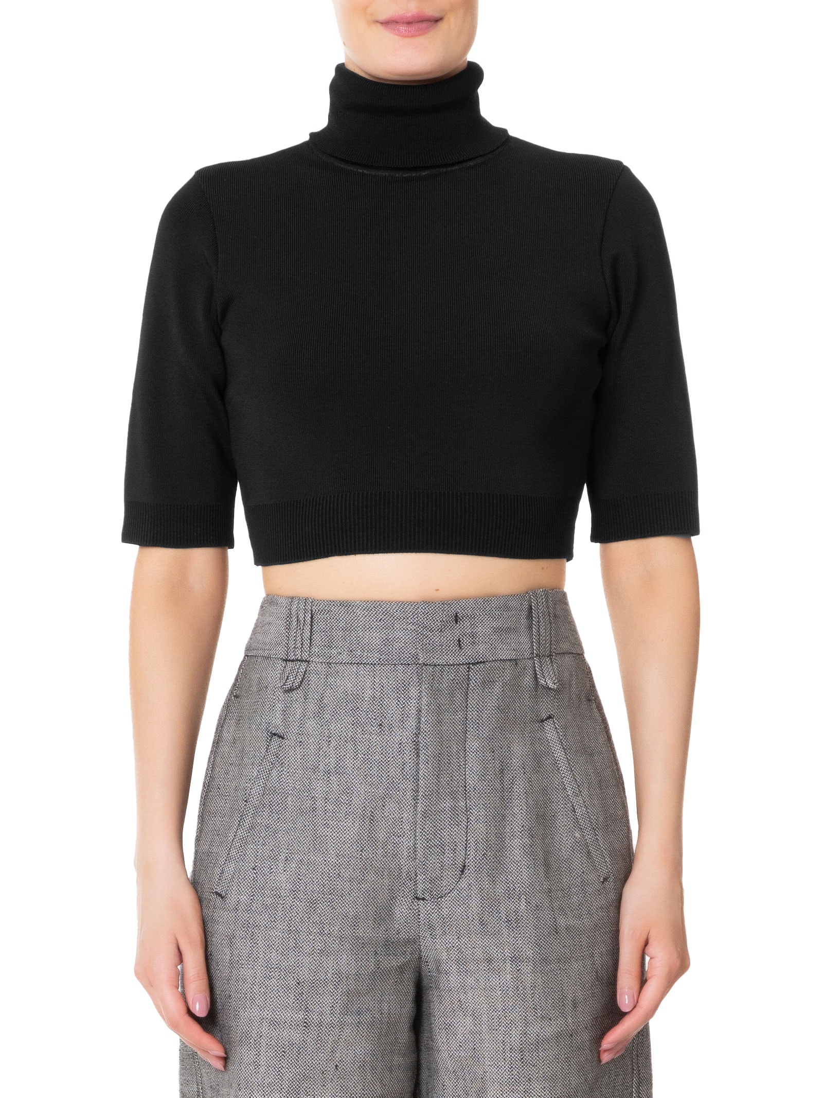 Top Gola Alta Cropped Tricot Preto Animale