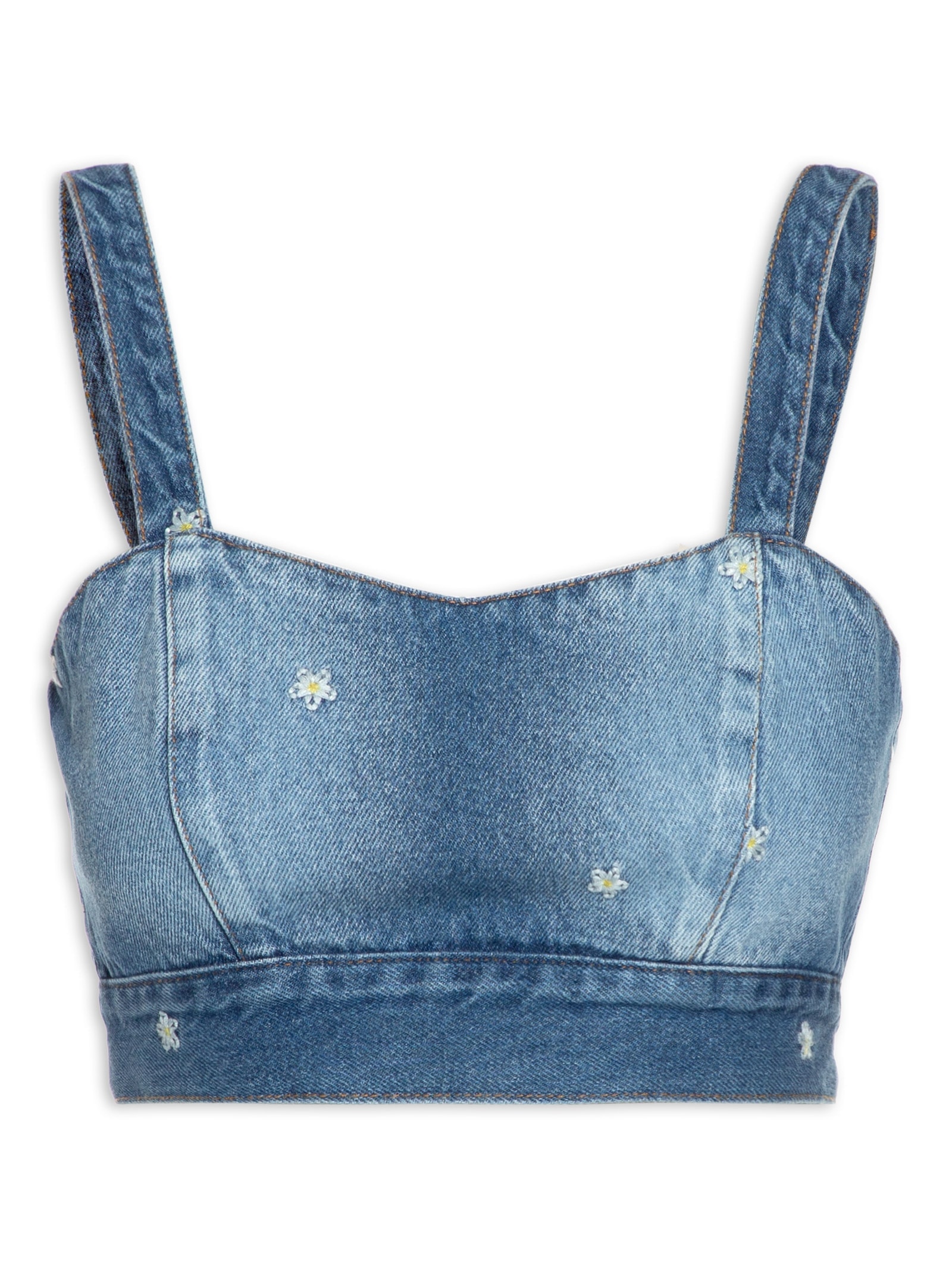 Top Jeans Bordado Margaridinhas Azul Cantão