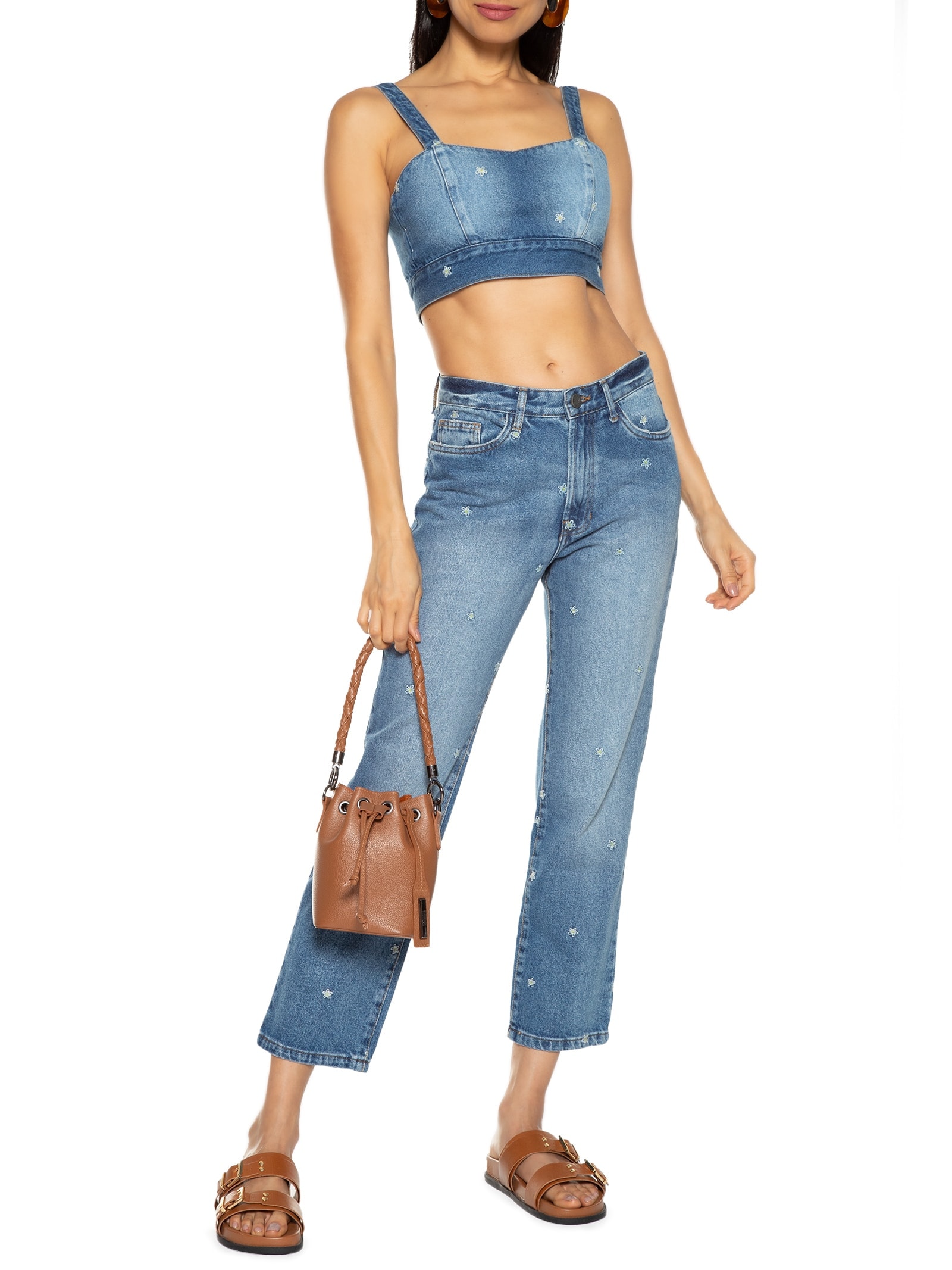 Top Jeans Bordado Margaridinhas Azul Cantão