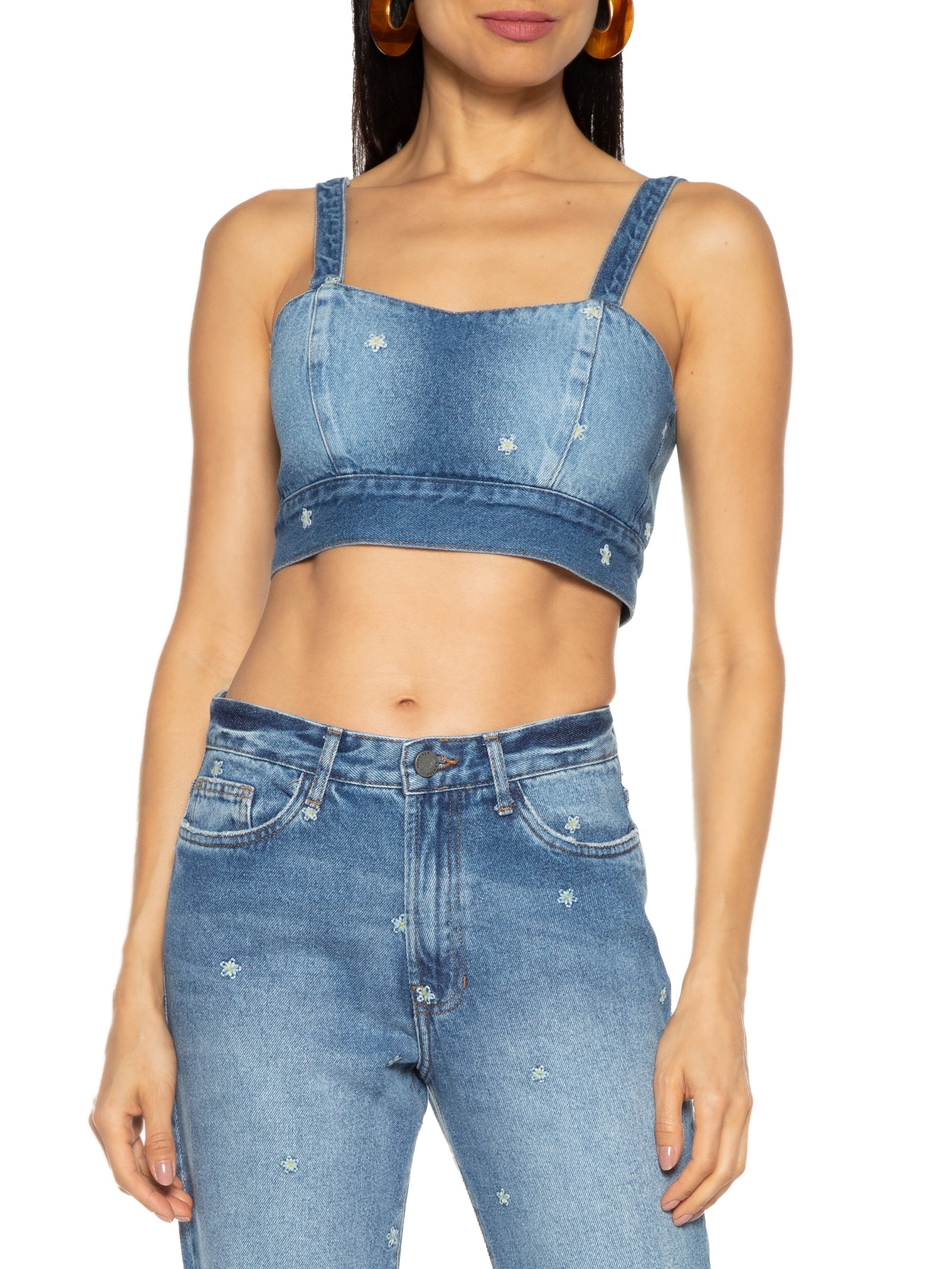 Top Jeans Bordado Margaridinhas Azul Cantão