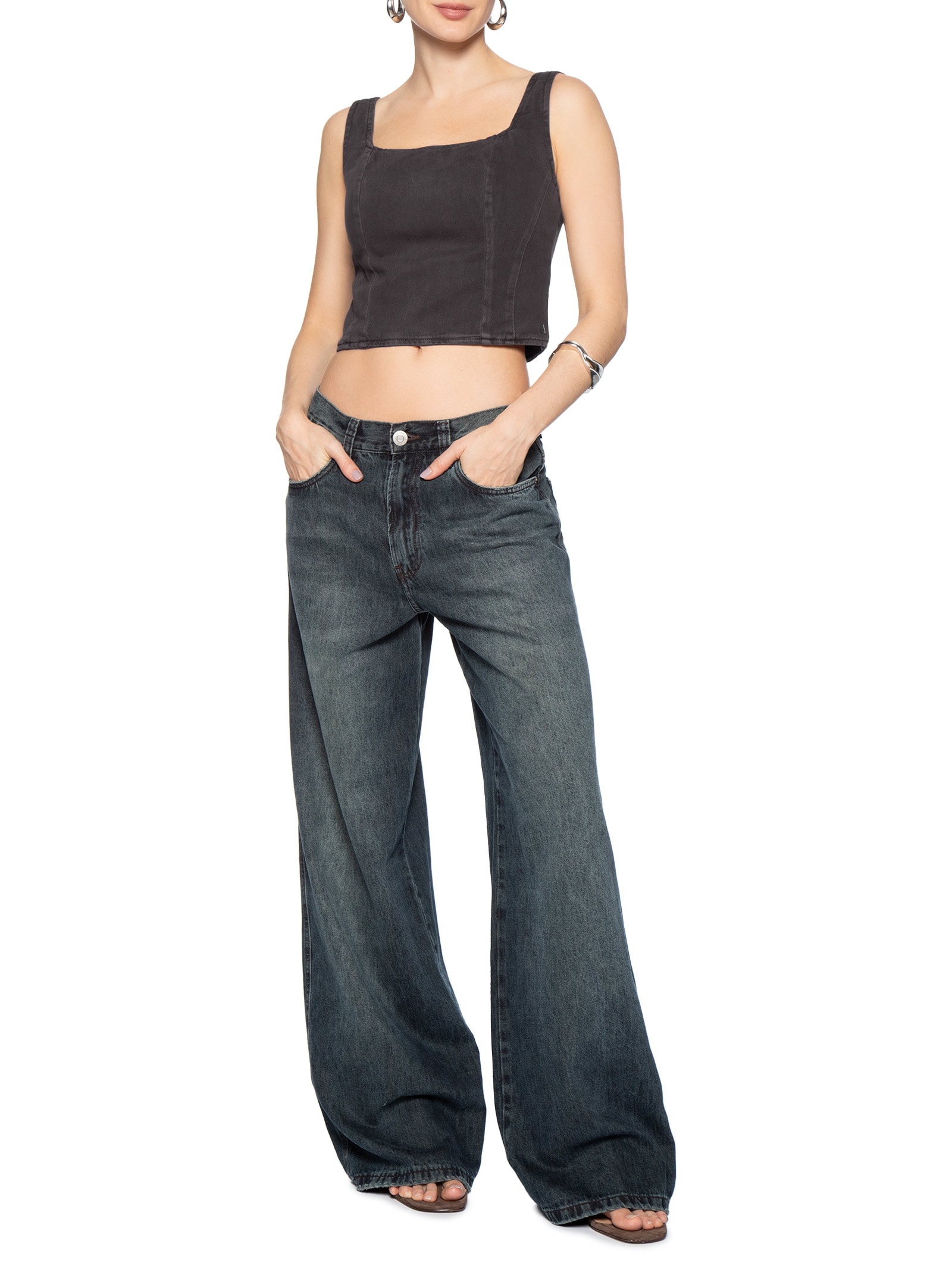 Top Sarja Recortes E Zíper Costas Marrom Animale Jeans