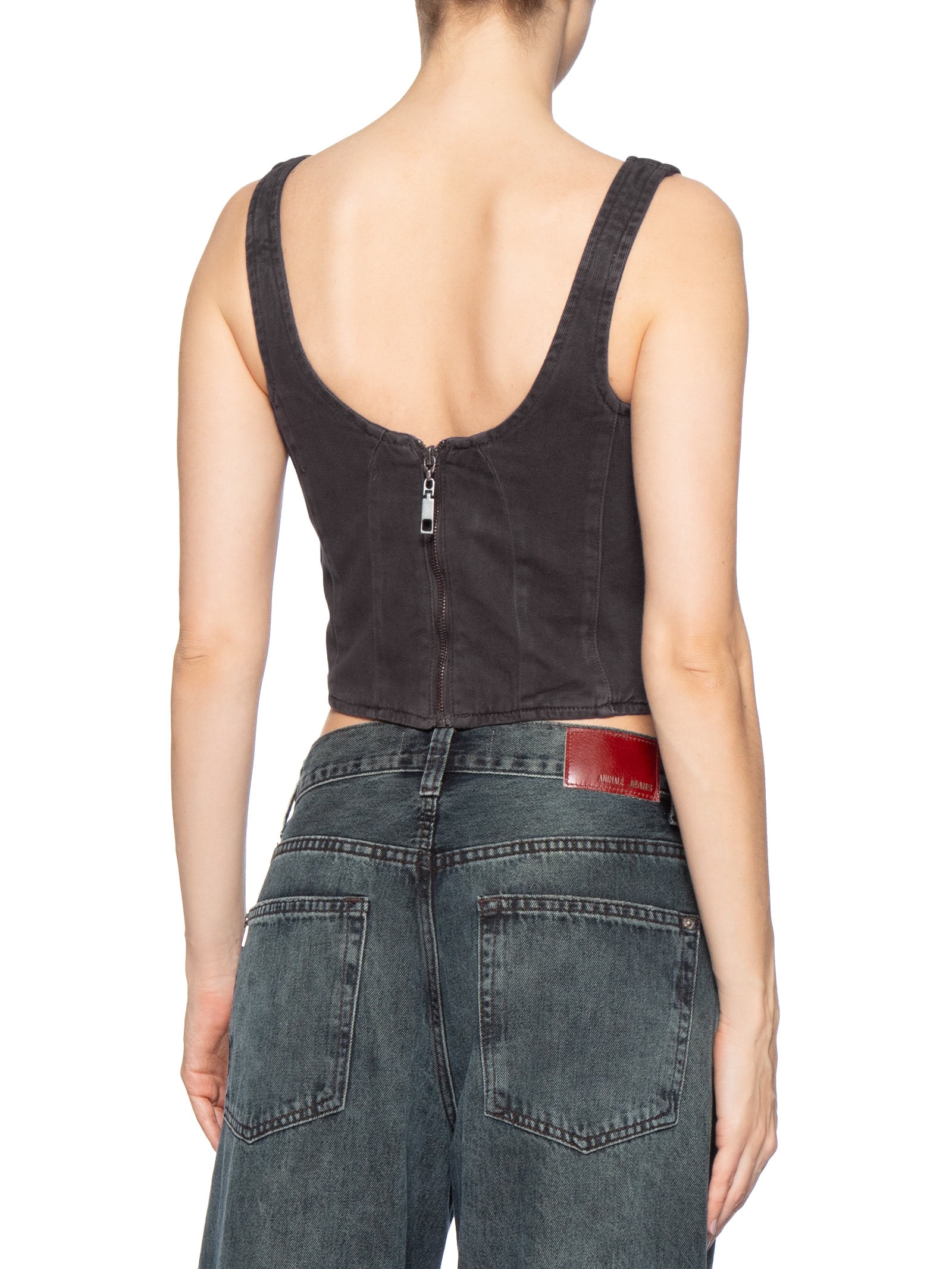 Top Sarja Recortes E Zíper Costas Marrom Animale Jeans