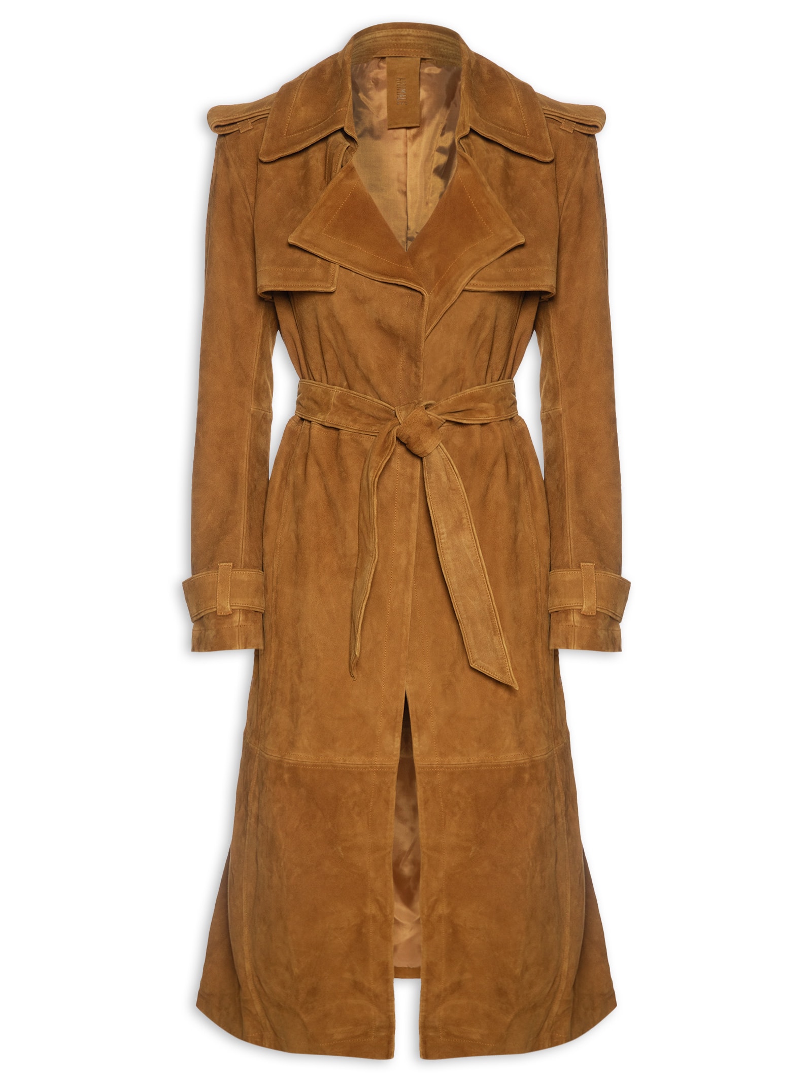 Trench Coat de Chamois Longo Clássico Marrom Animale