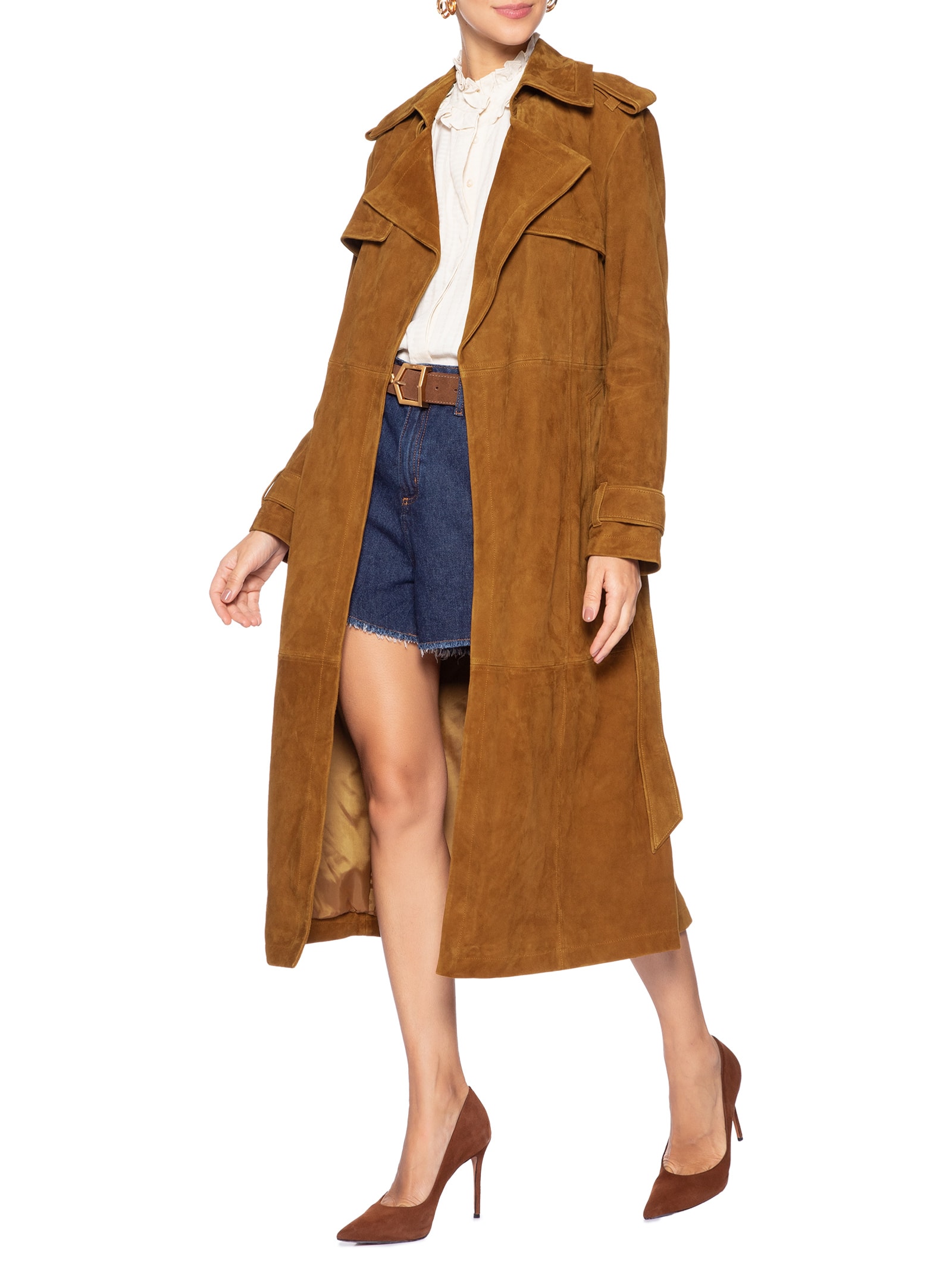 Trench Coat de Chamois Longo Clássico Marrom Animale