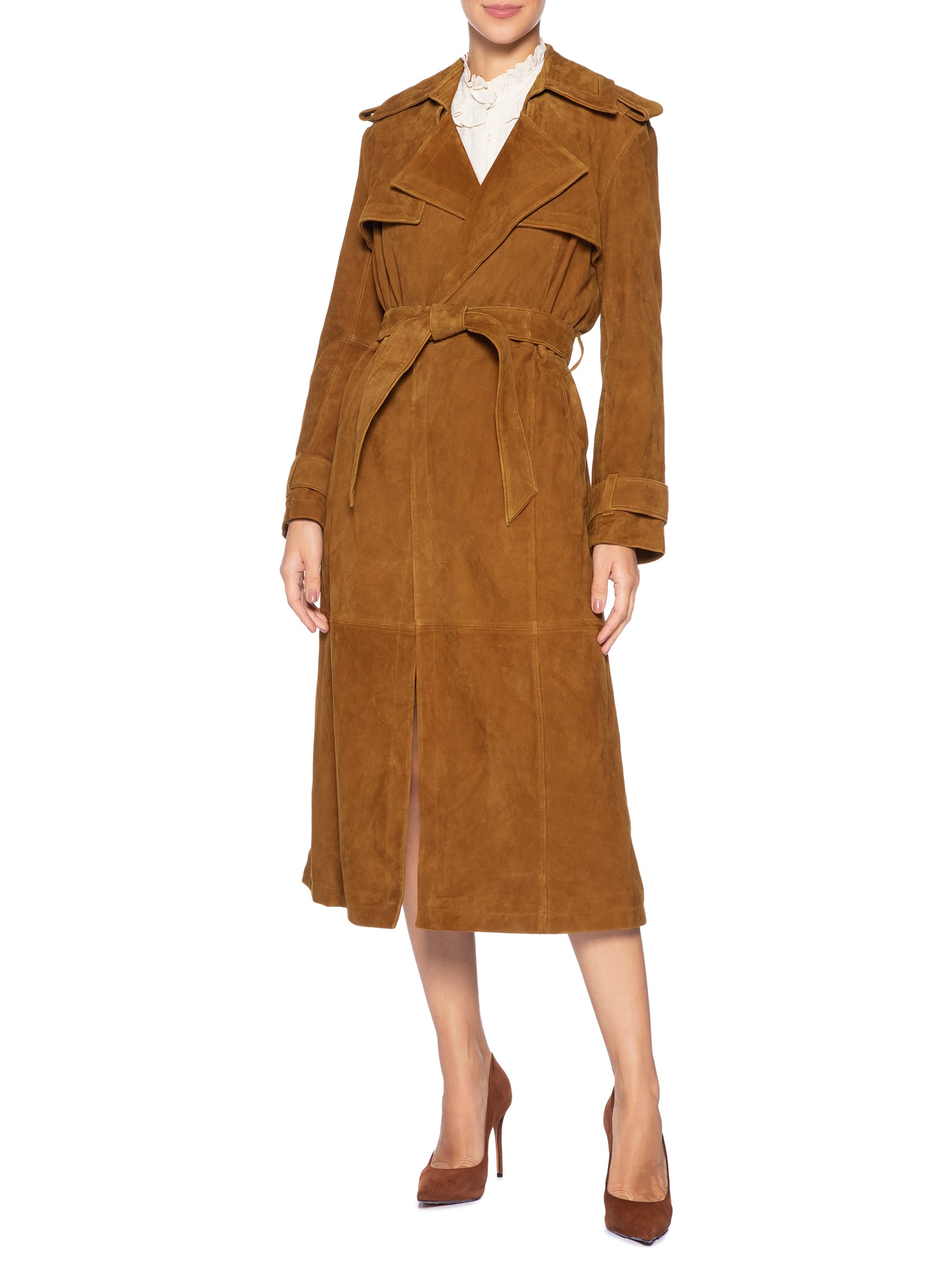 Trench Coat de Chamois Longo Clássico Marrom Animale
