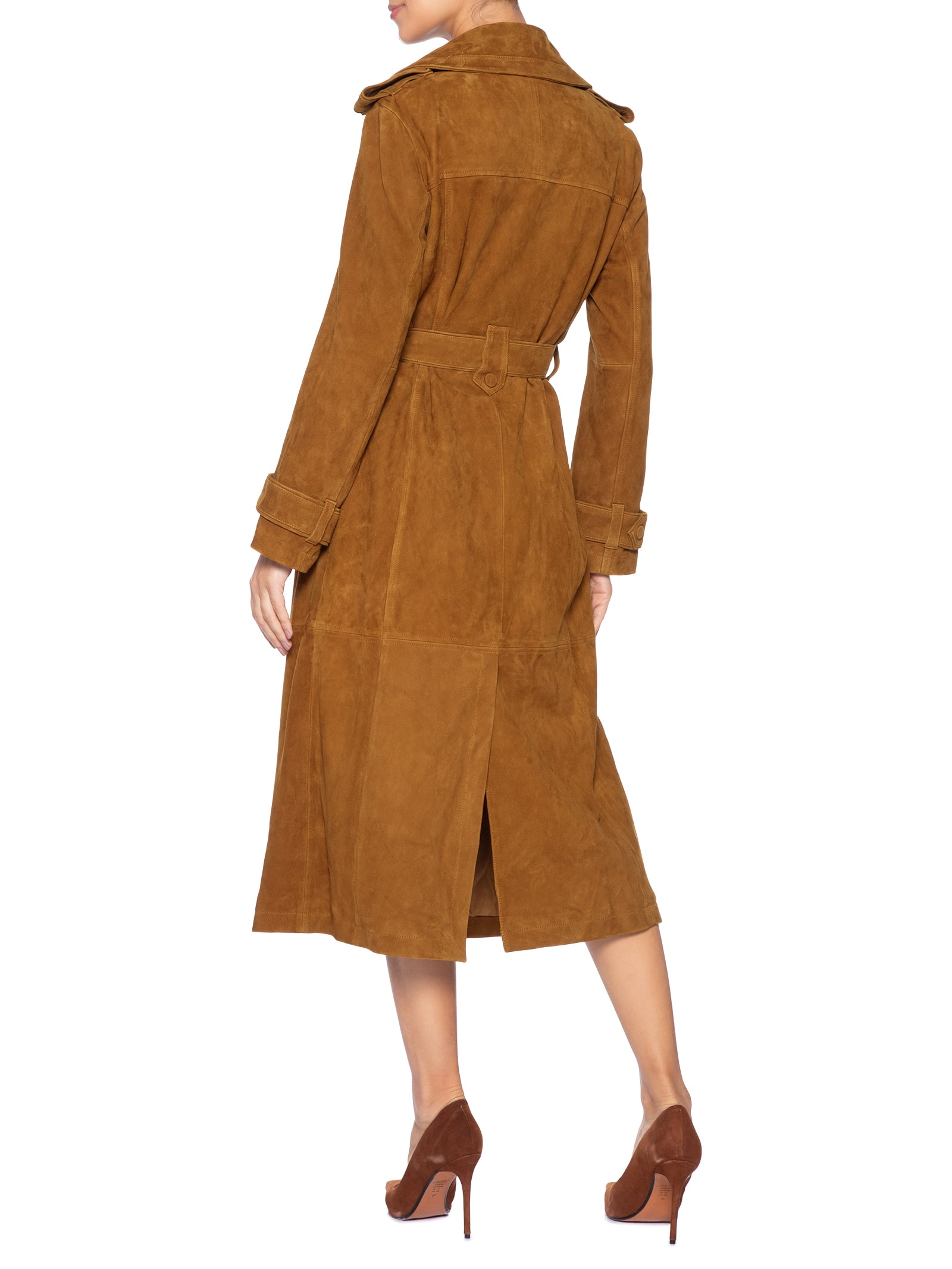 Trench Coat de Chamois Longo Clássico Marrom Animale