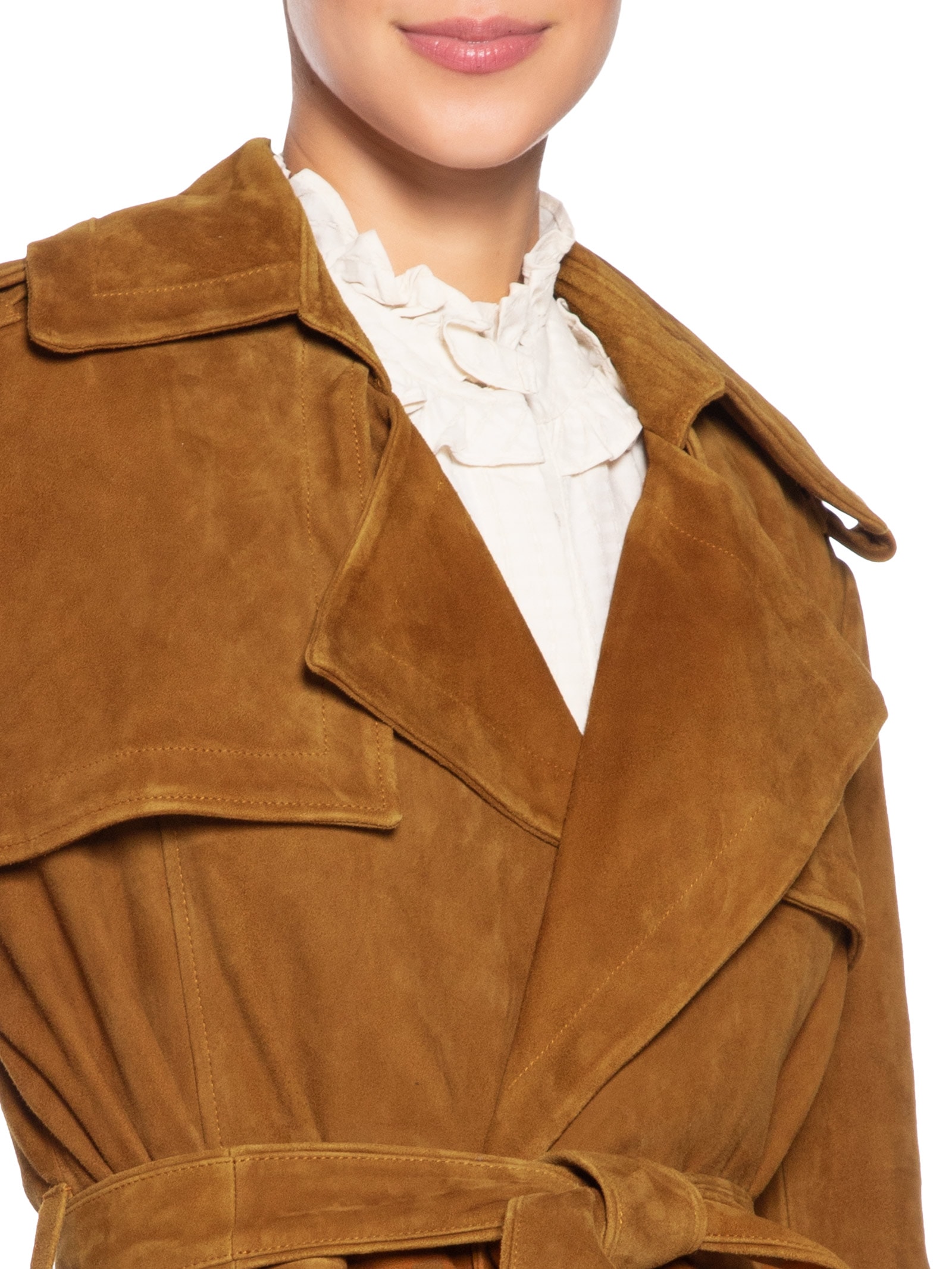 Trench Coat de Chamois Longo Clássico Marrom Animale