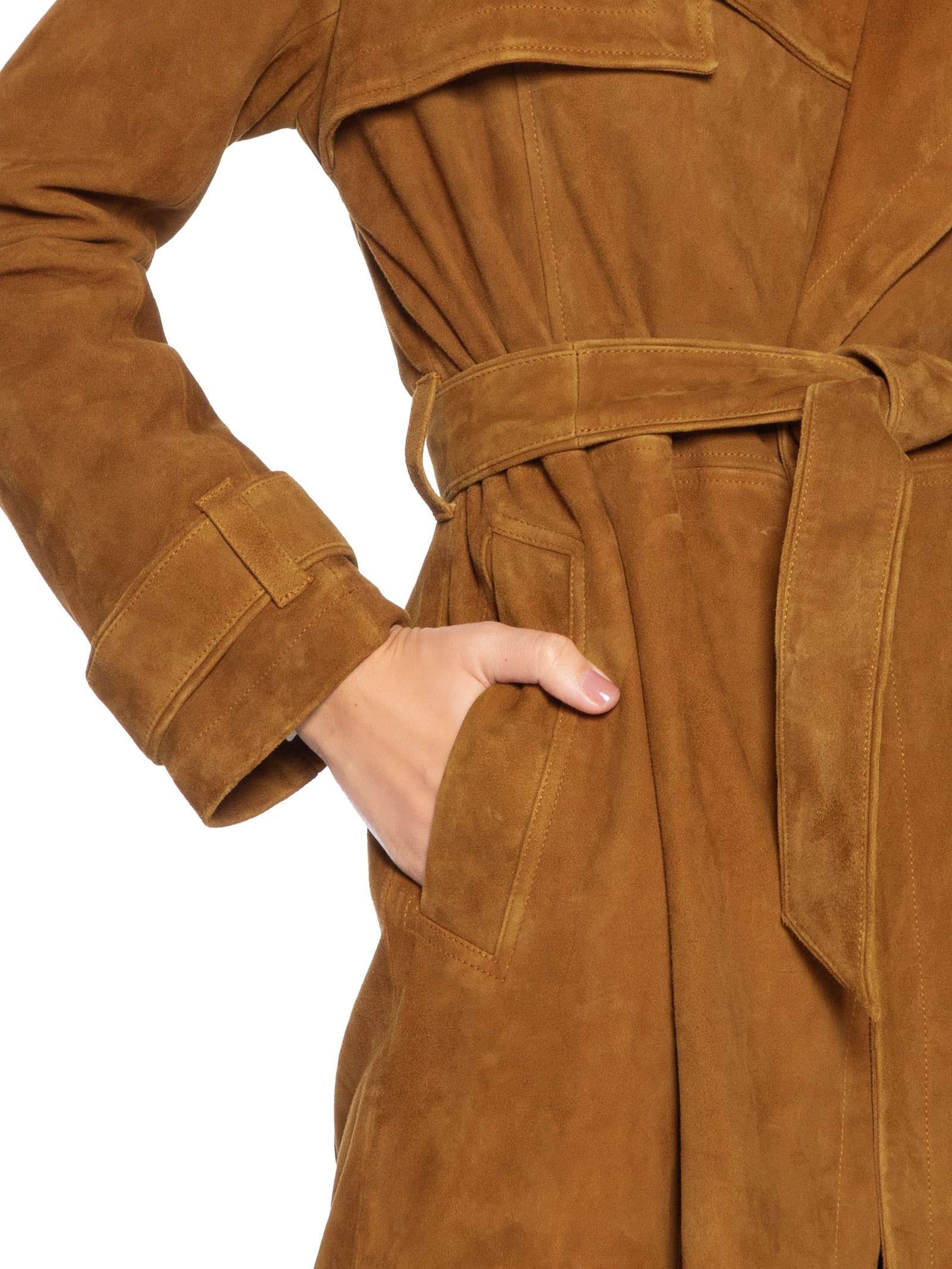 Trench Coat de Chamois Longo Clássico Marrom Animale