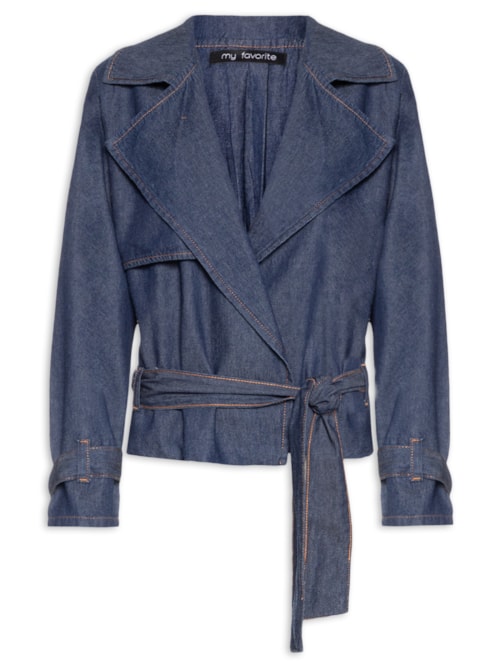 Trench Coat Jeans Curto Feminino - Azul