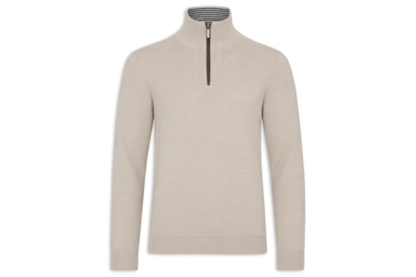 Tricot Masculino Gola Alta e Meio Zíper – Bege