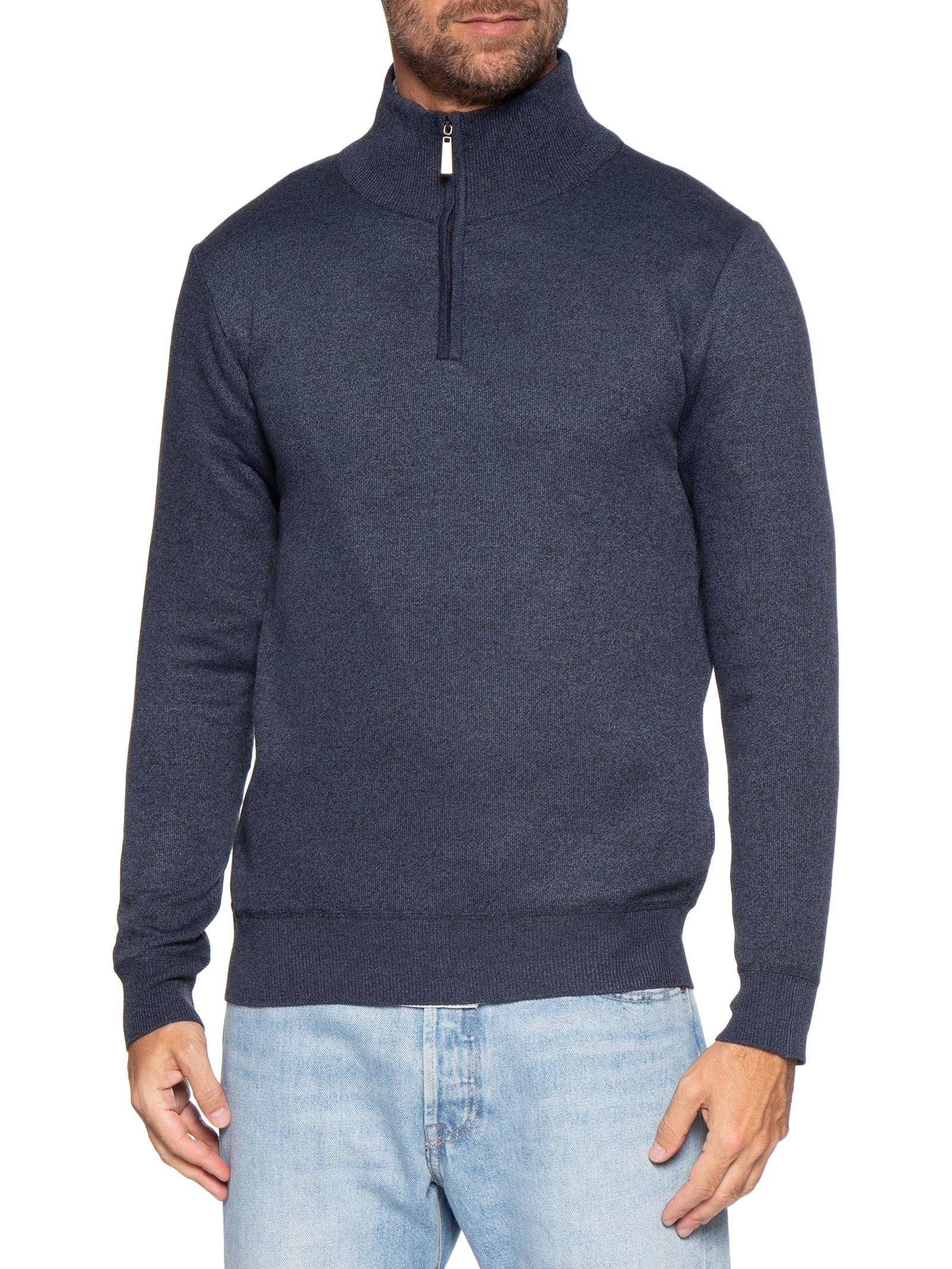 Tricot Masculino Gola Alta Meio Zíper Azul Basiq Men