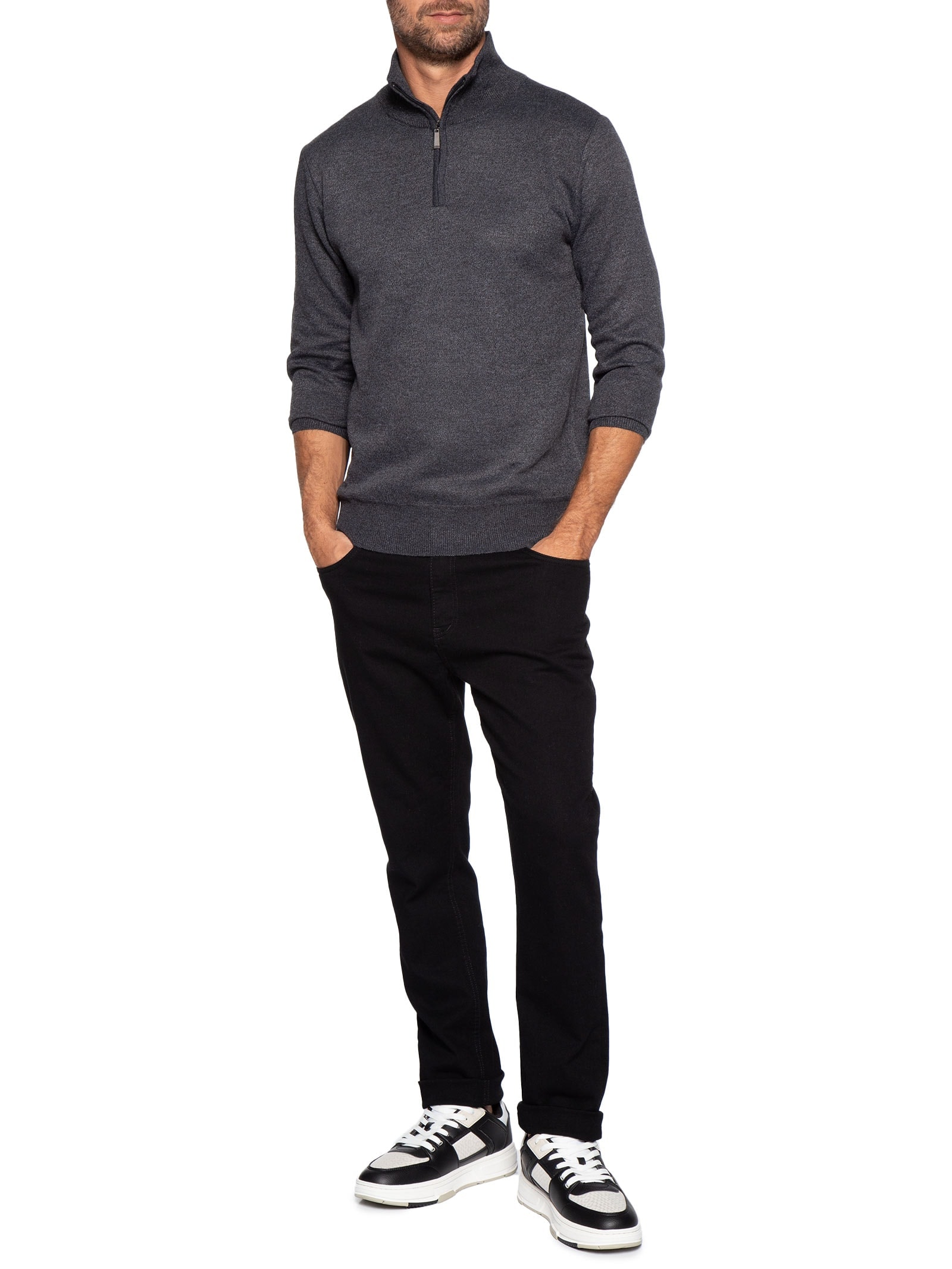 Tricot Masculino Gola Alta Meio Zíper Cinza Basiq Men