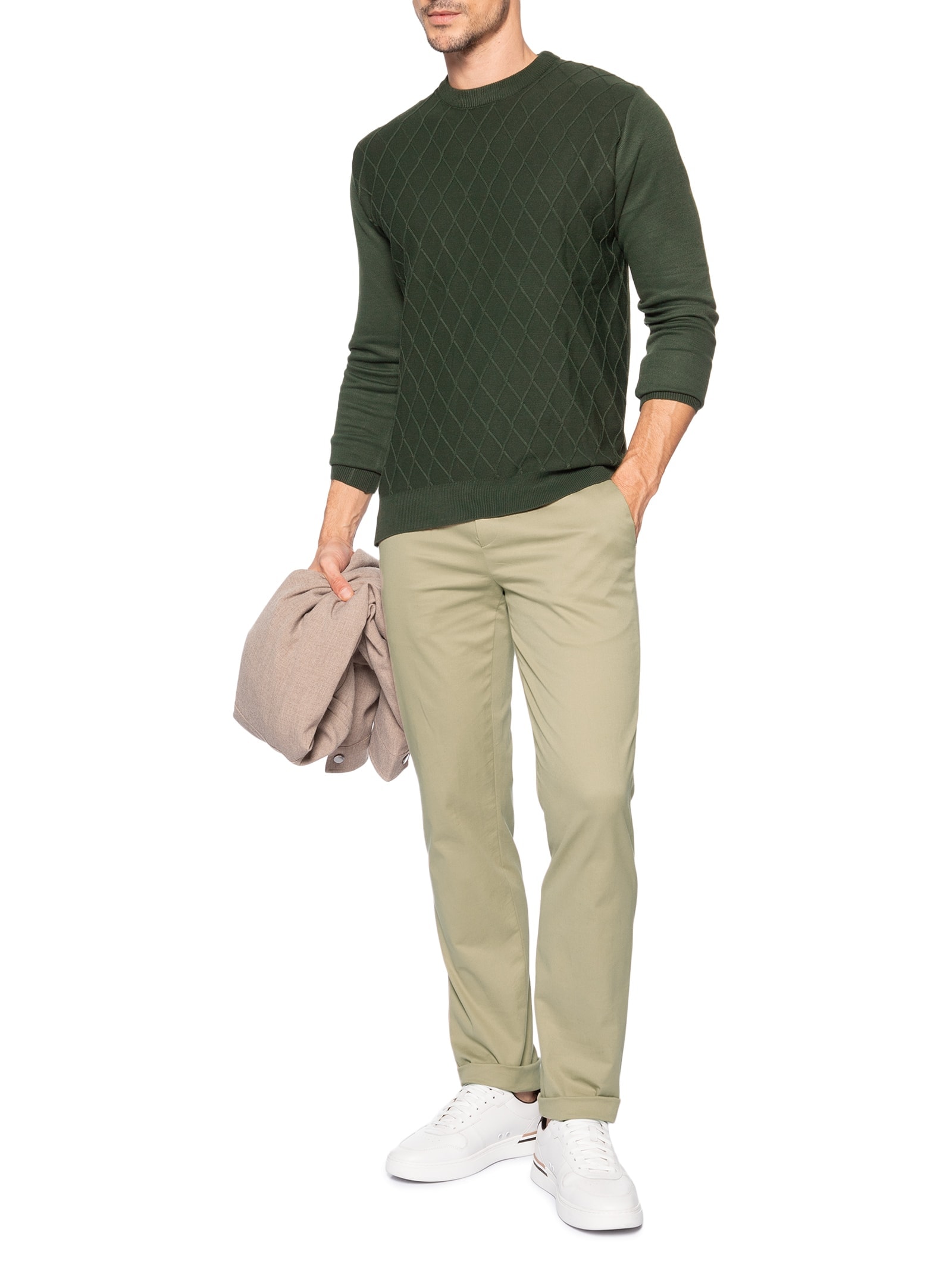 Tricot Masculino Gola Redonda Texturizado Bege '2 Essential