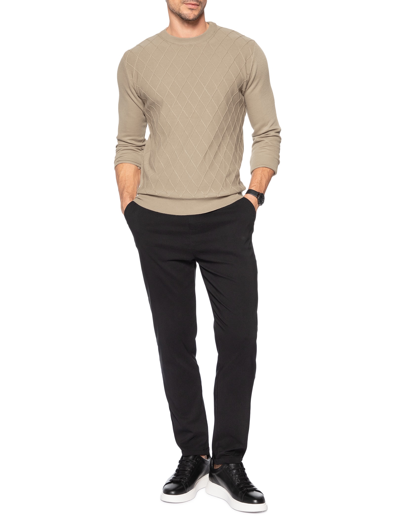 Tricot Masculino Gola Redonda Texturizado Bege '2 Essential