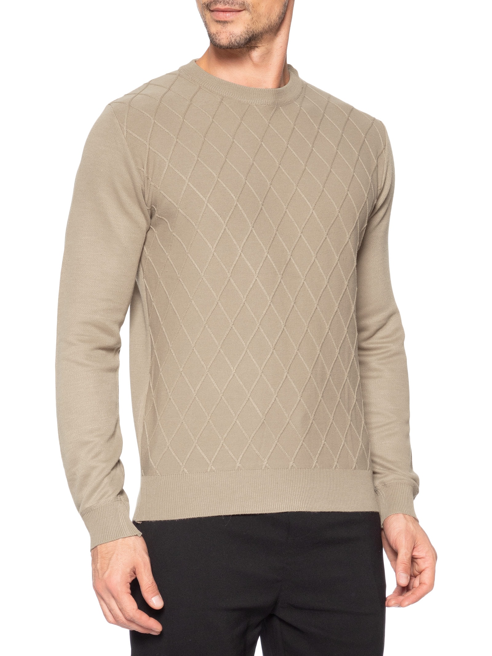 Tricot Masculino Gola Redonda Texturizado Bege '2 Essential