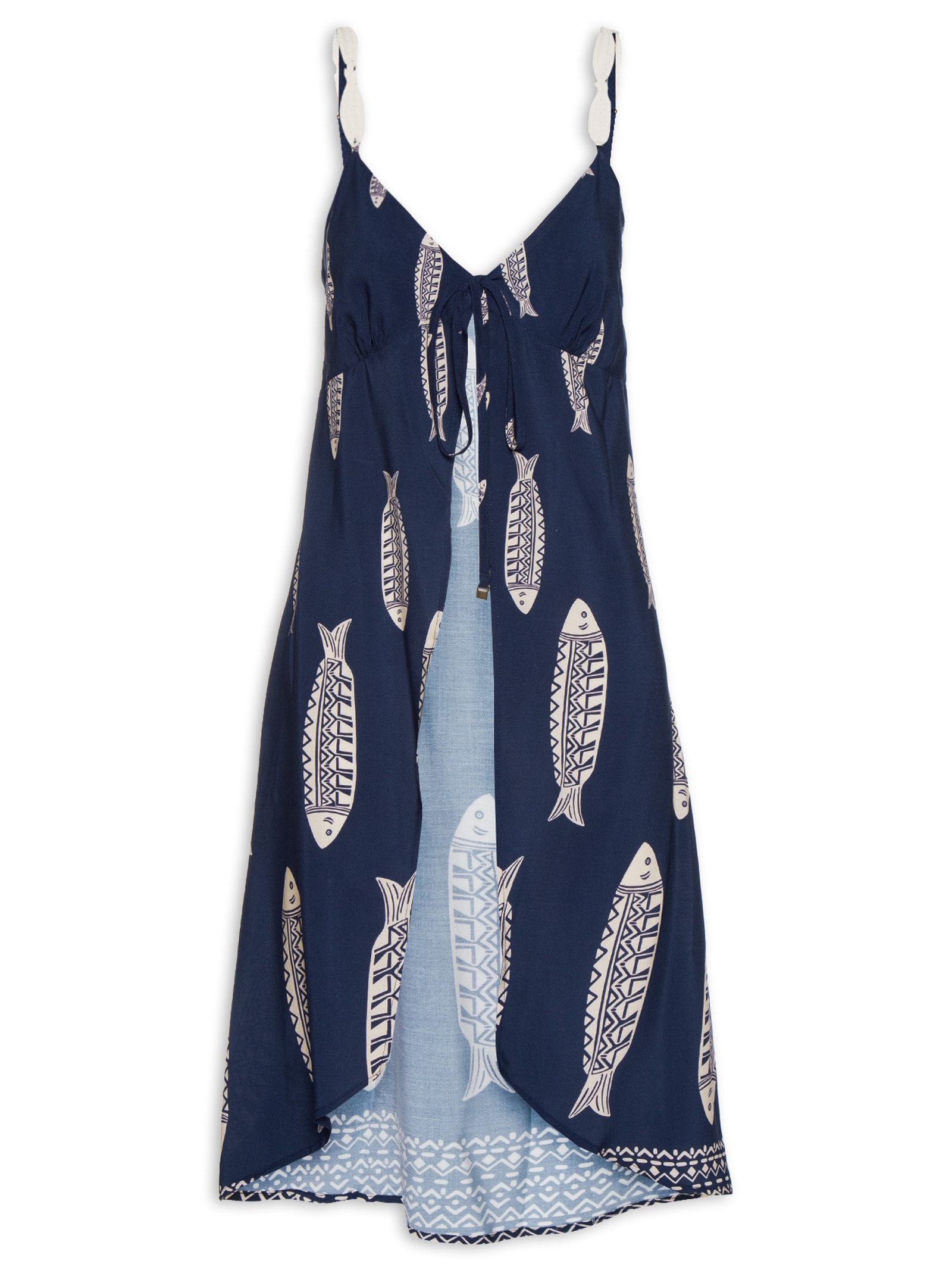 Túnica Feminina Alongada Amarração Frontal Estampada Azul Cacay