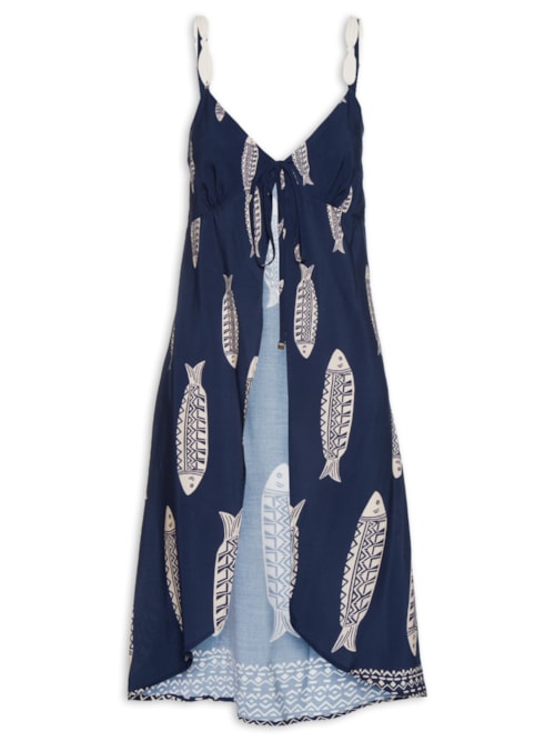 Túnica Feminina Alongada Amarração Frontal Estampada - Azul