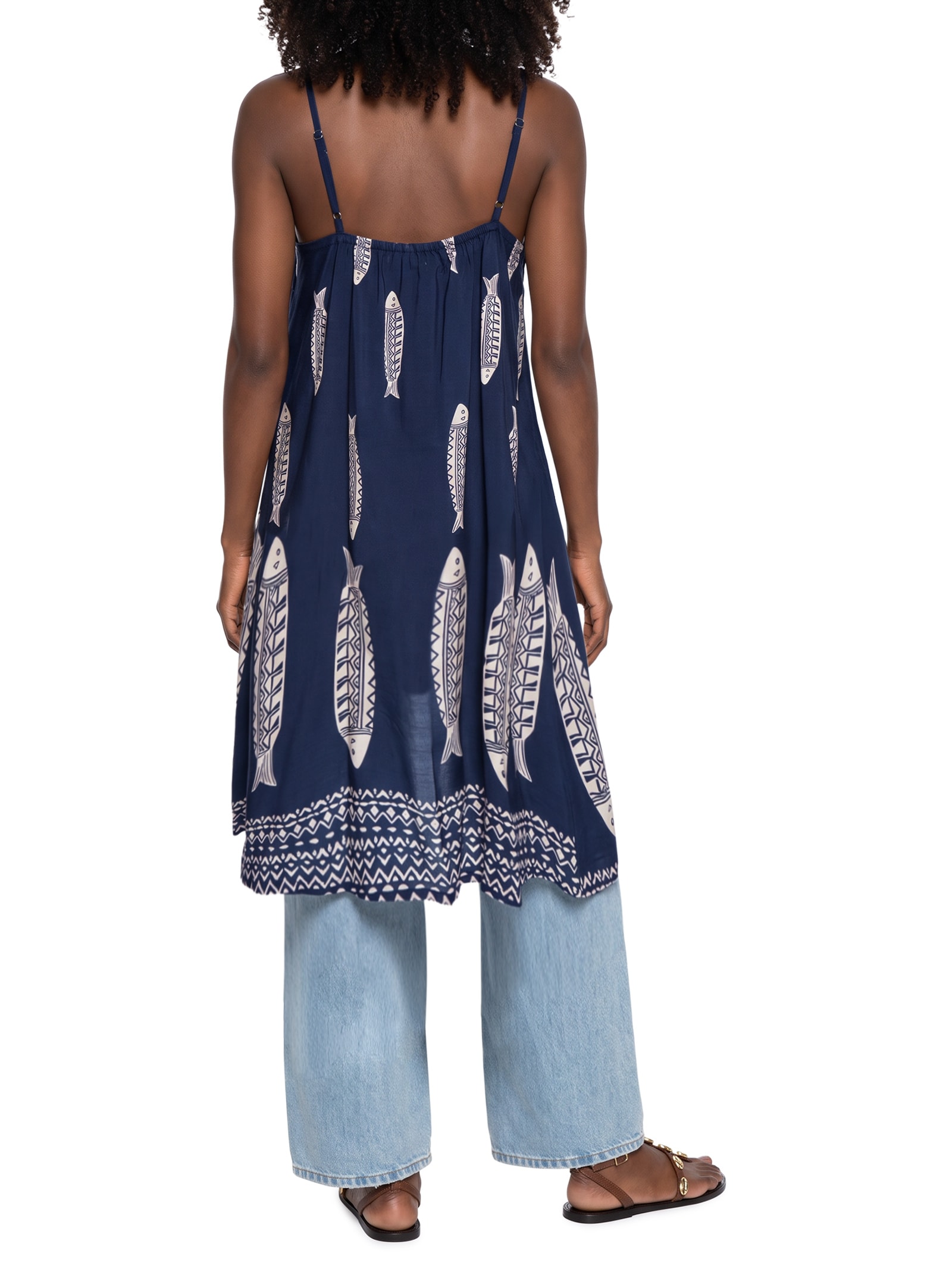 Túnica Feminina Alongada Amarração Frontal Estampada Azul Cacay