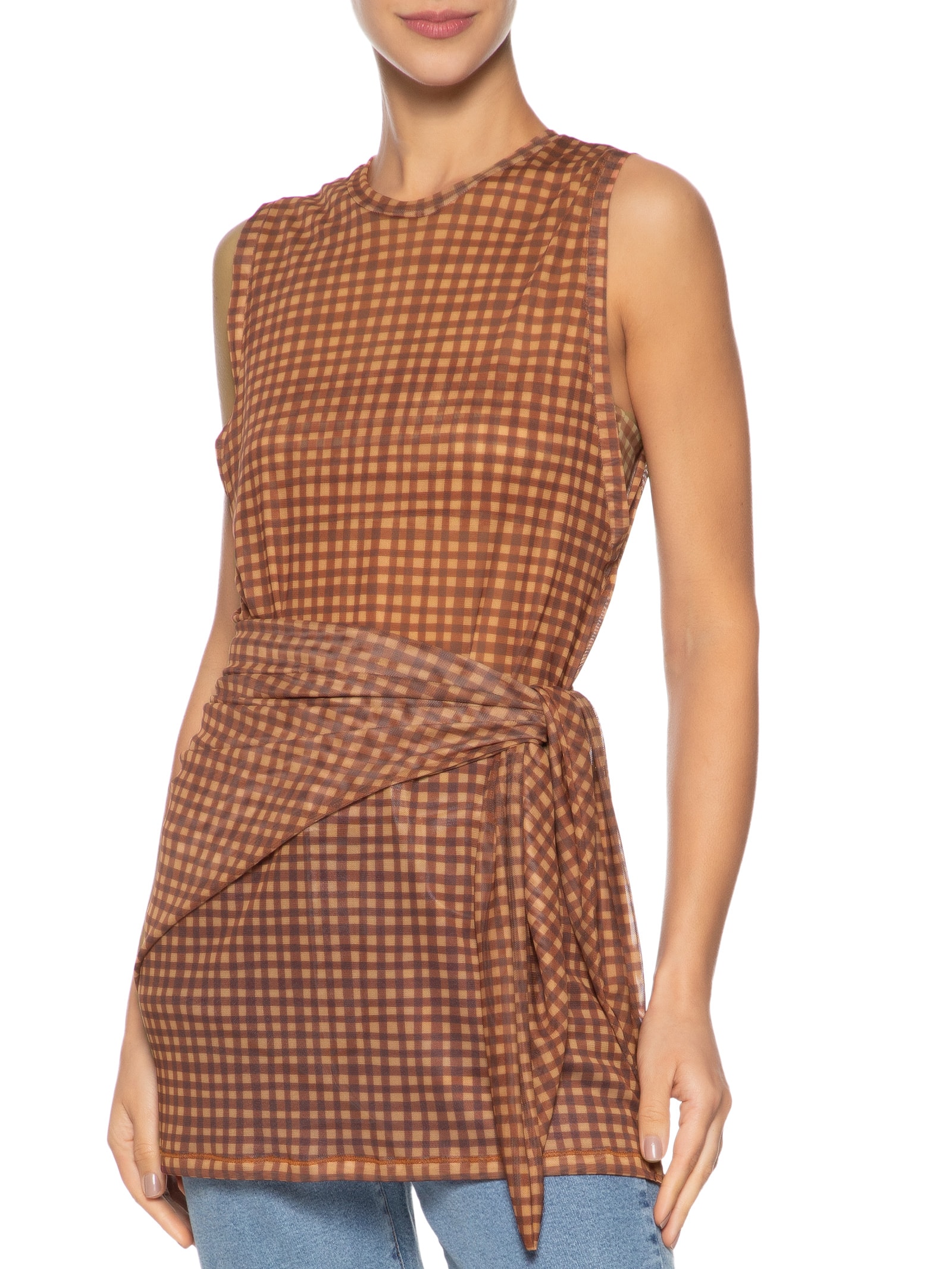 Túnica Feminina Com Lenço Estampa Vichy Marrom Dress To