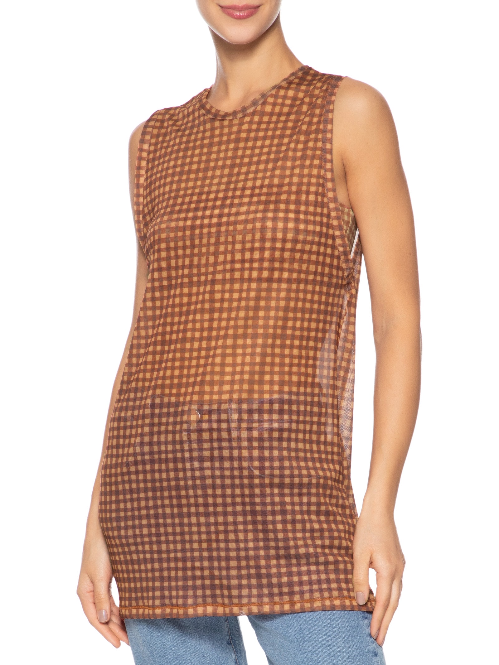 Túnica Feminina Com Lenço Estampa Vichy Marrom Dress To