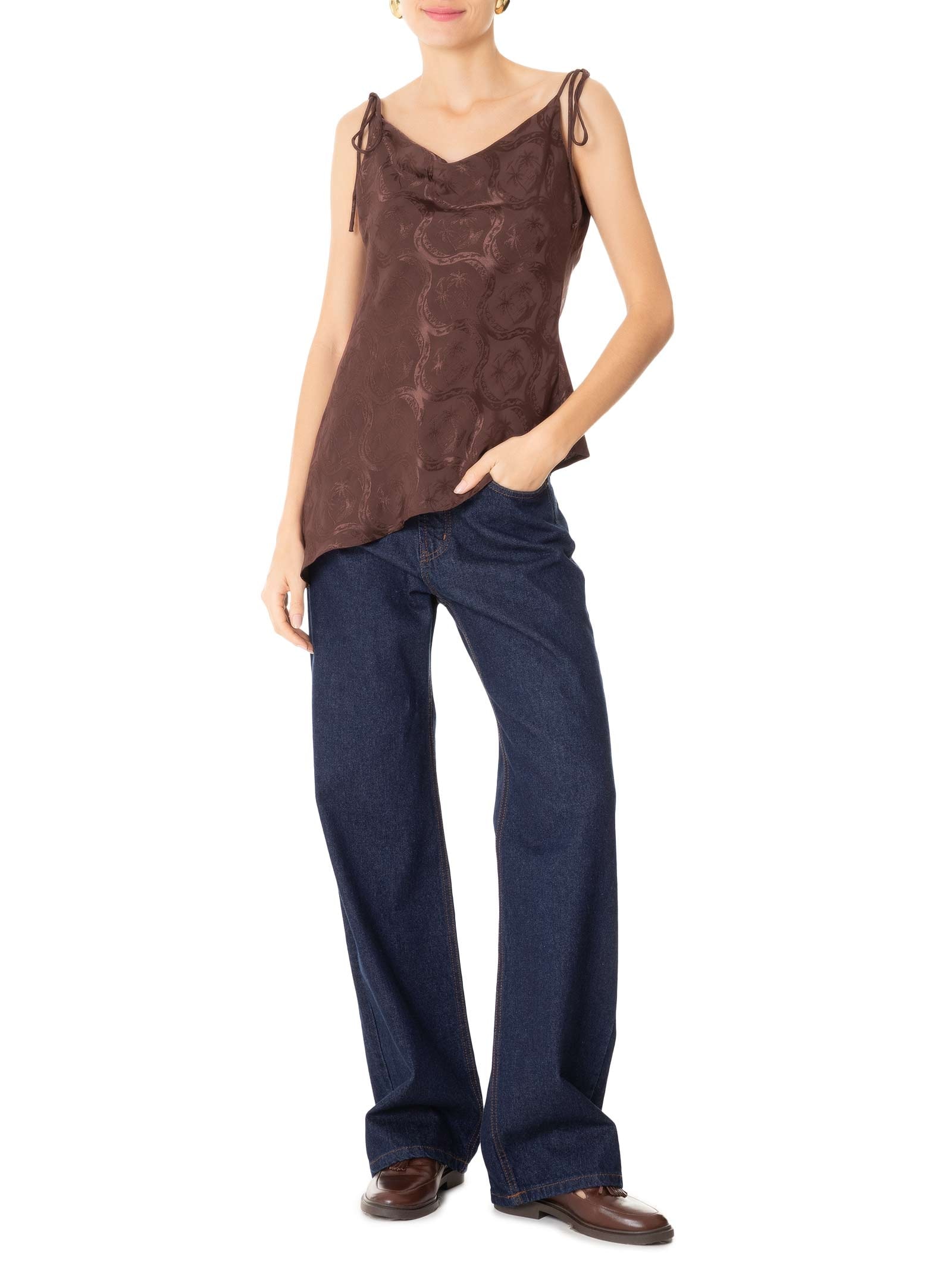 Tunica Feminina Jacquard Lembrança de Verão Marrom Farm