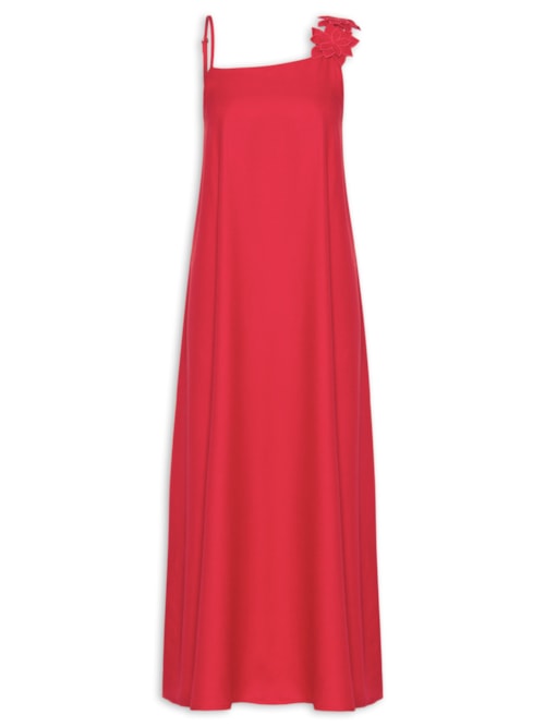 Vestido Alça Aplique Flor - Vermelho