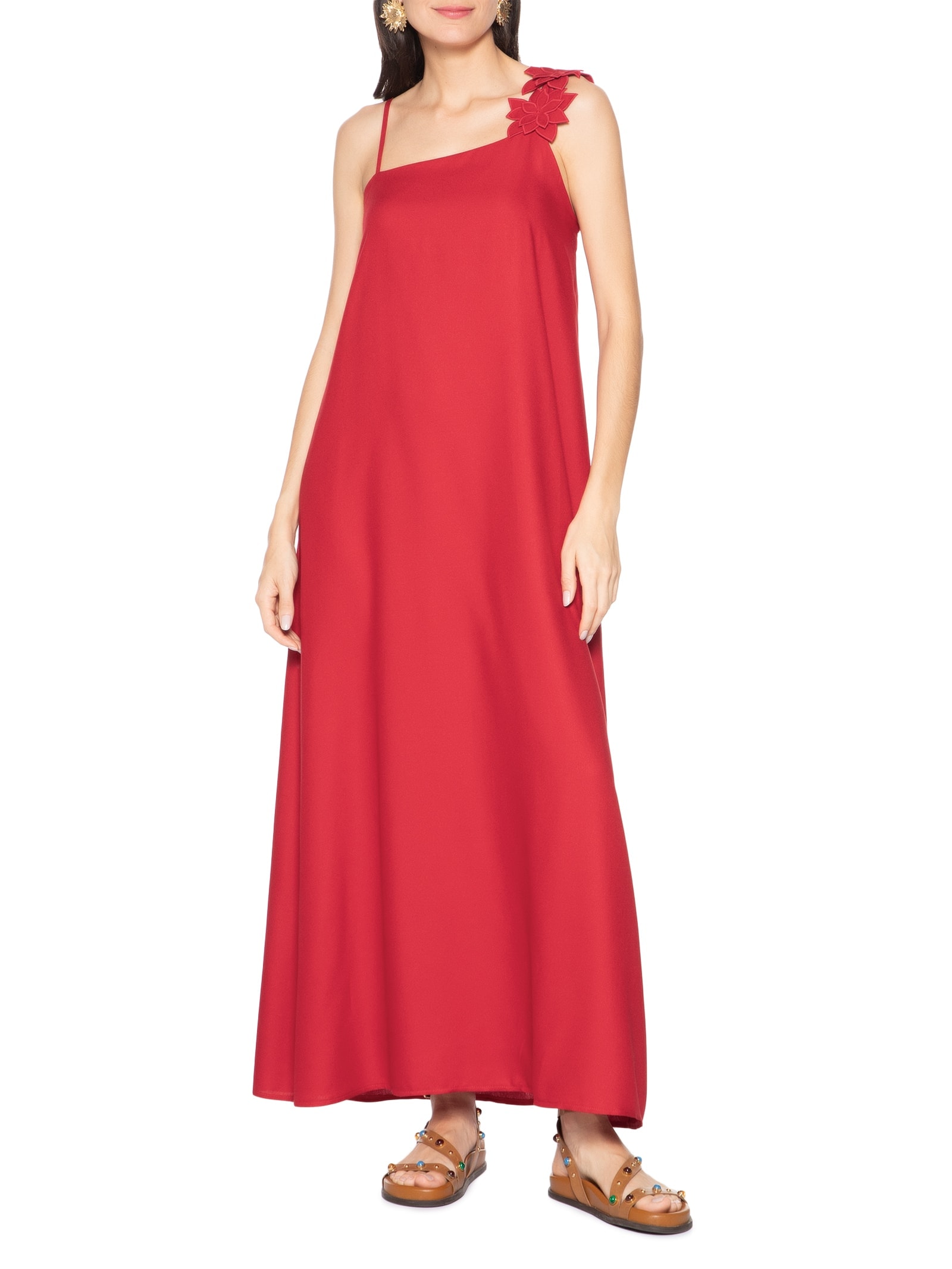 Vestido Alça Aplique Flor Vermelho Cacay