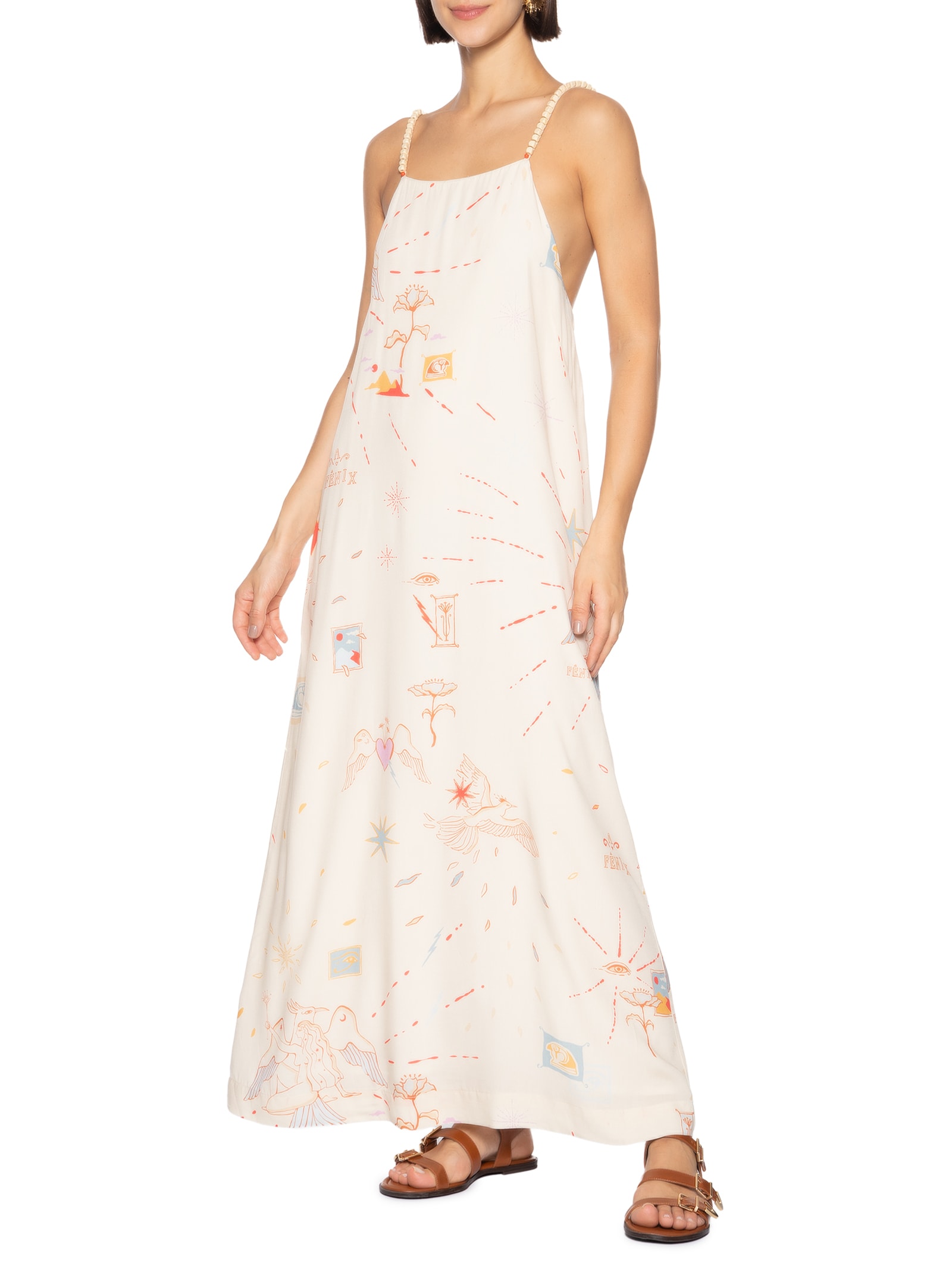 Vestido Alça Estampado Fenix Off White Cantão