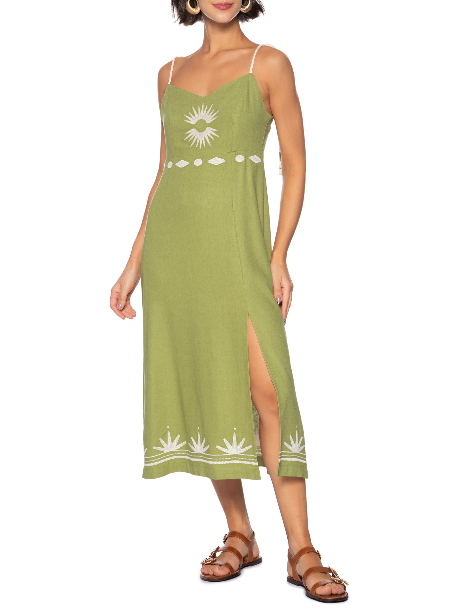 Vestido Alça Linho Bordado Sparks Verde Cantão
