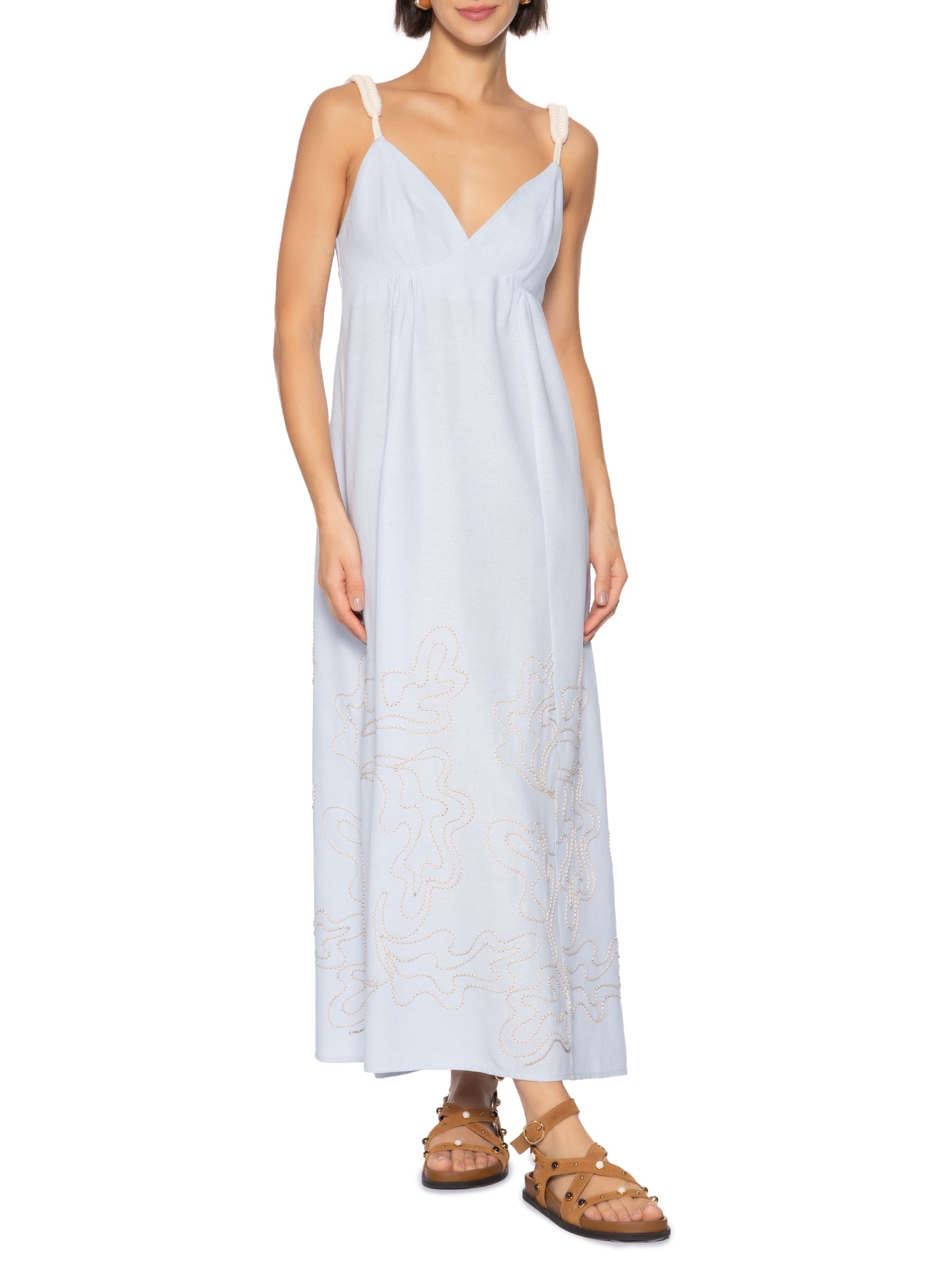 Vestido Alça Linho Bordado Vital Azul Cantão