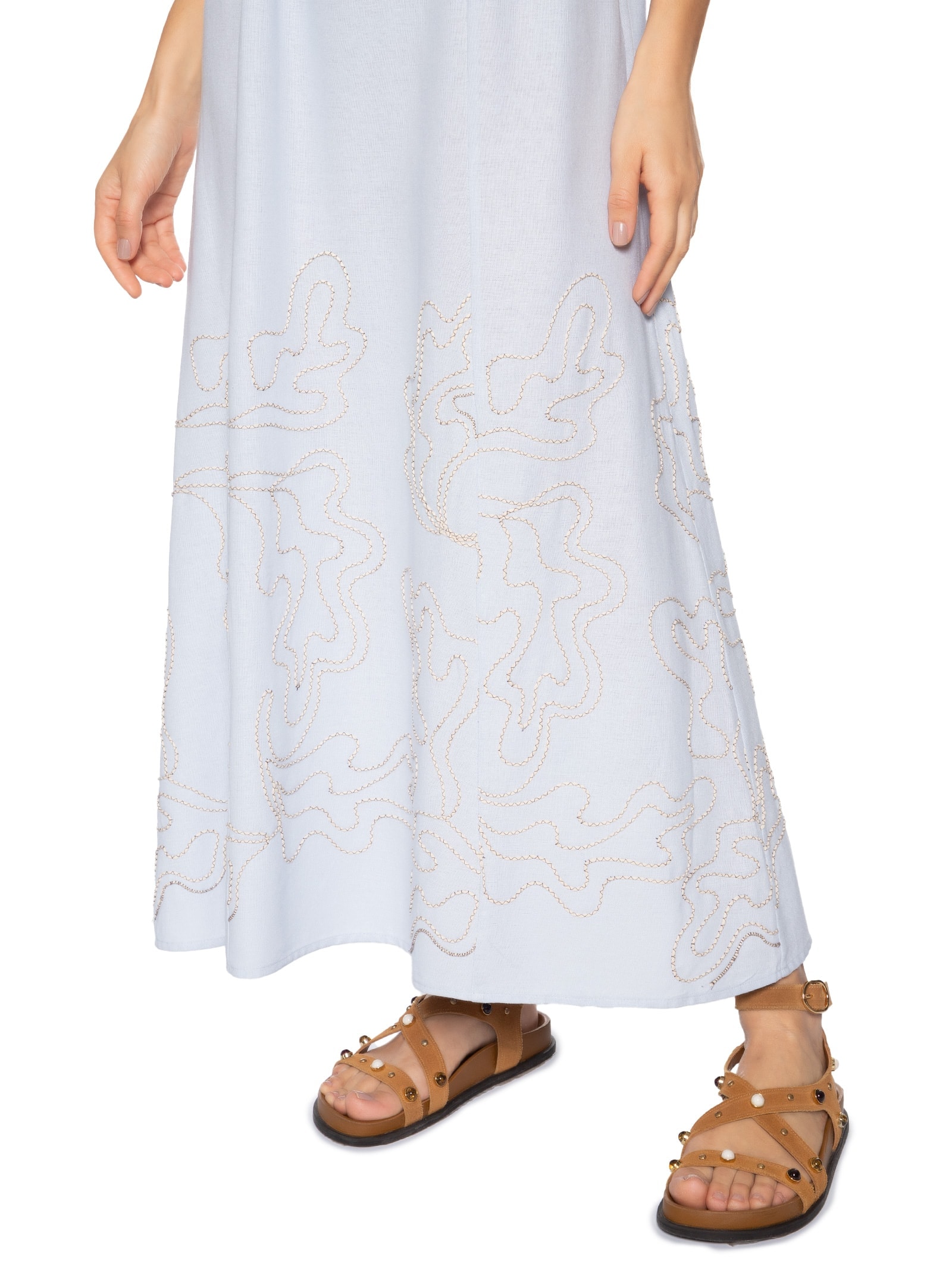 Vestido Alça Linho Bordado Vital Azul Cantão