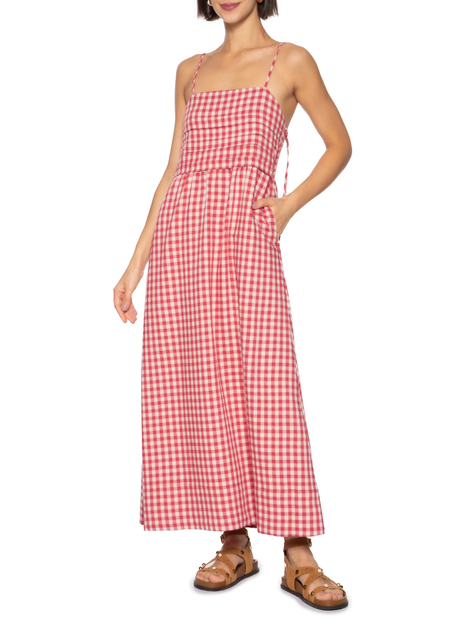 Vestido Alça Padrão Vichy Amassadinho Vermelho Cantão