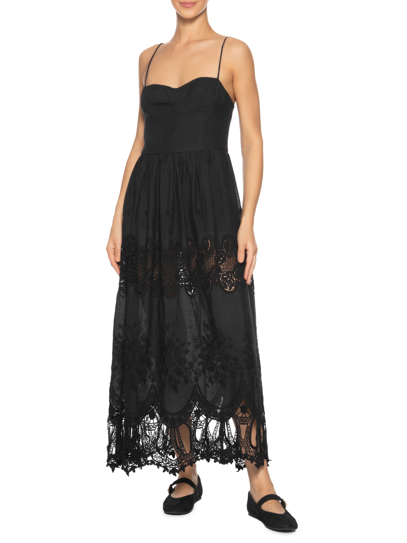 Vestido Alça Renda Bordada Preto Animale