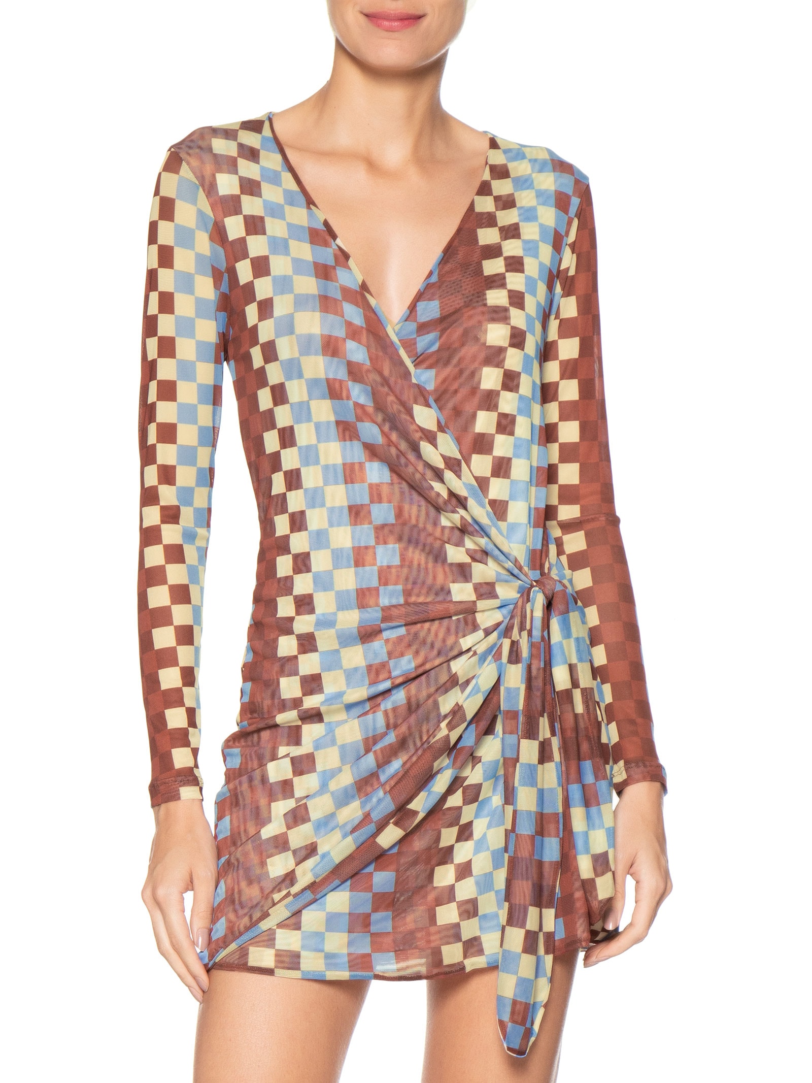 Vestido Amarração Tule Estampa Harmonia Marrom Dress To