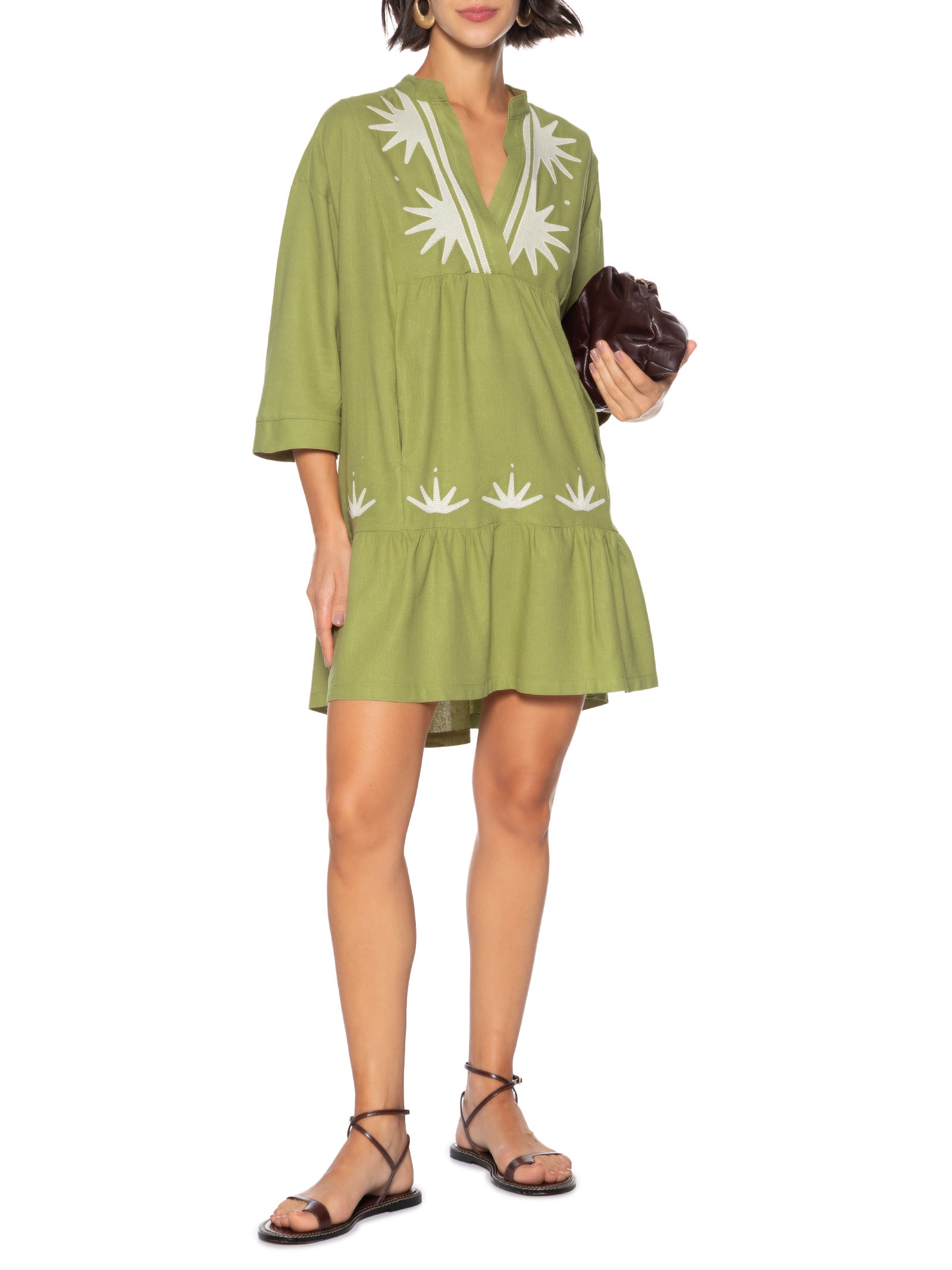 Vestido Amplo Linho Bordado Sparks Verde Cantão