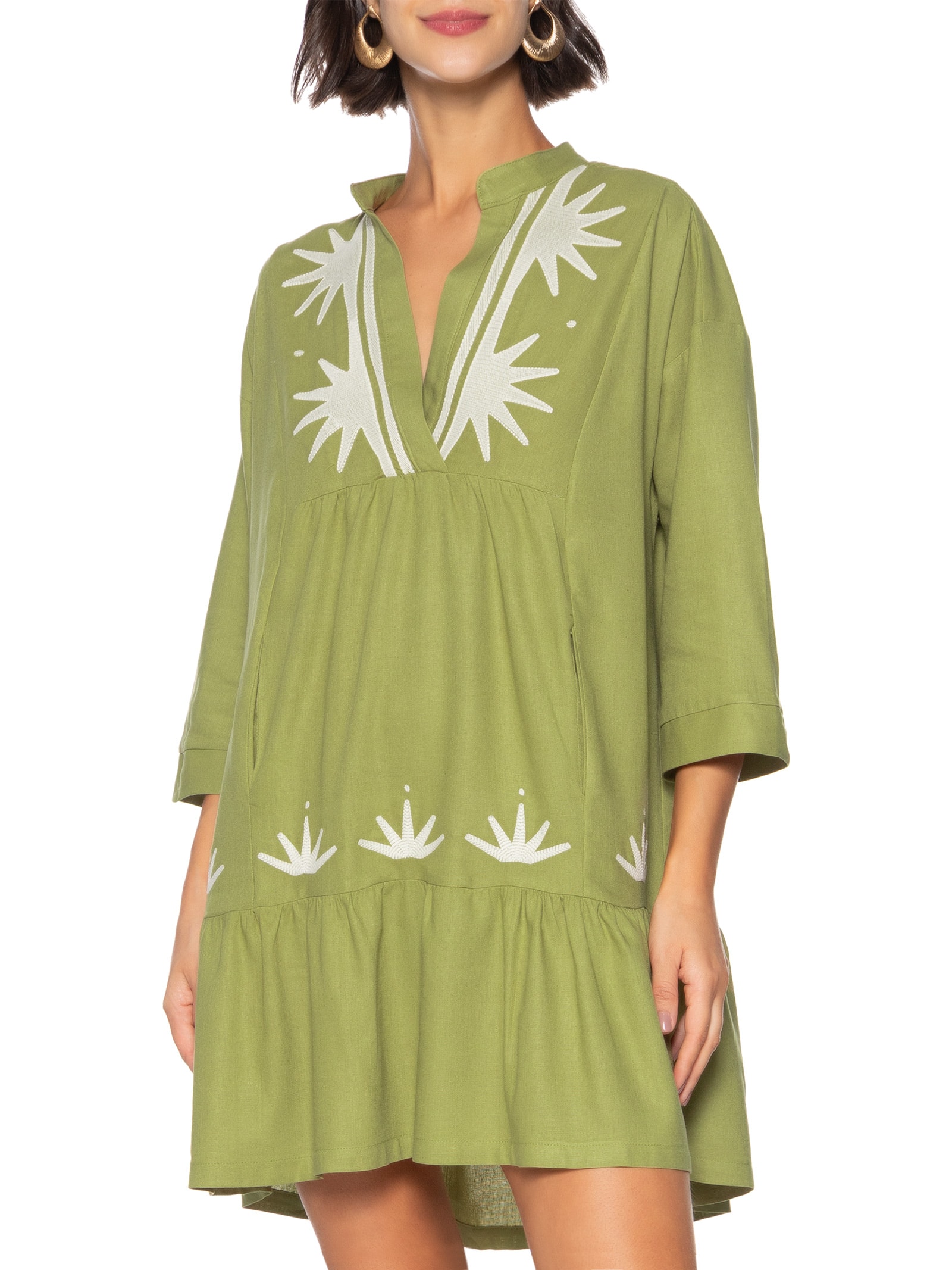 Vestido Amplo Linho Bordado Sparks Verde Cantão