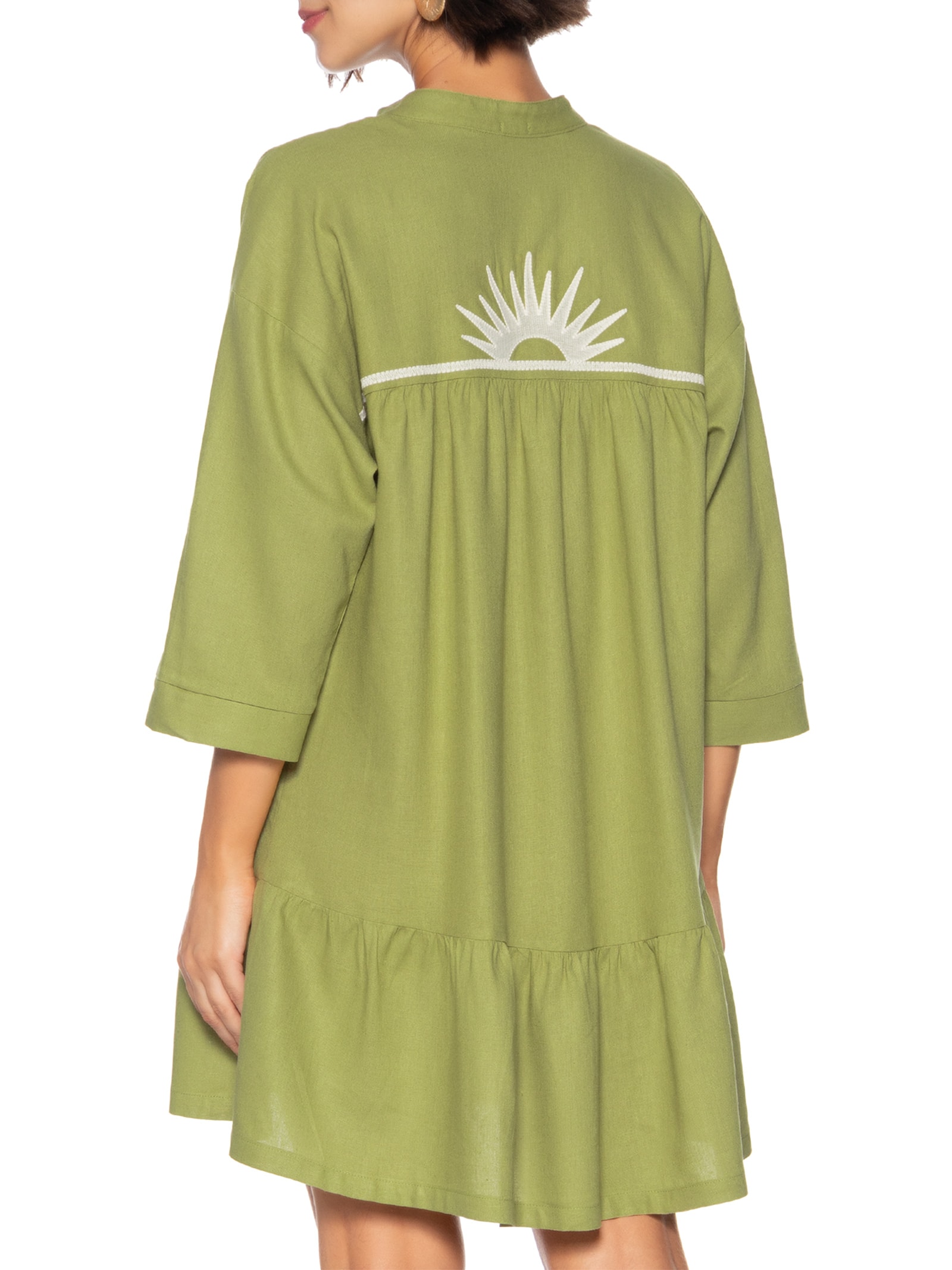 Vestido Amplo Linho Bordado Sparks Verde Cantão
