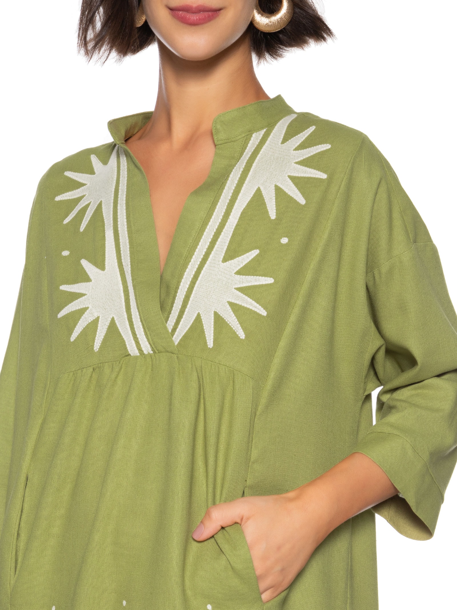 Vestido Amplo Linho Bordado Sparks Verde Cantão