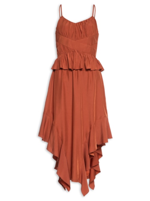 Vestido Assimétrico com Babados e Fenda Lateral – Laranja