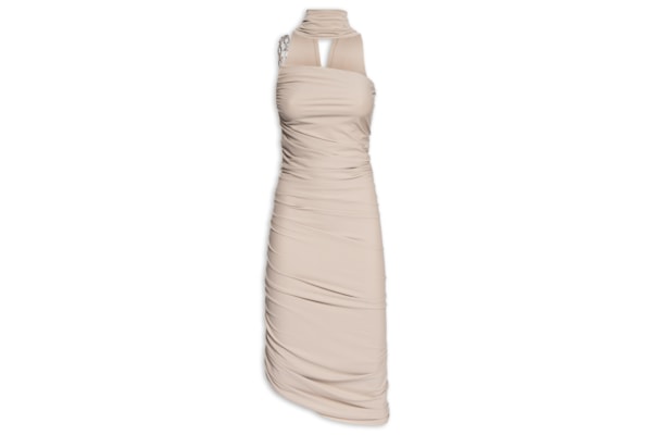 Vestido Assimétrico Com Corrente - Bege