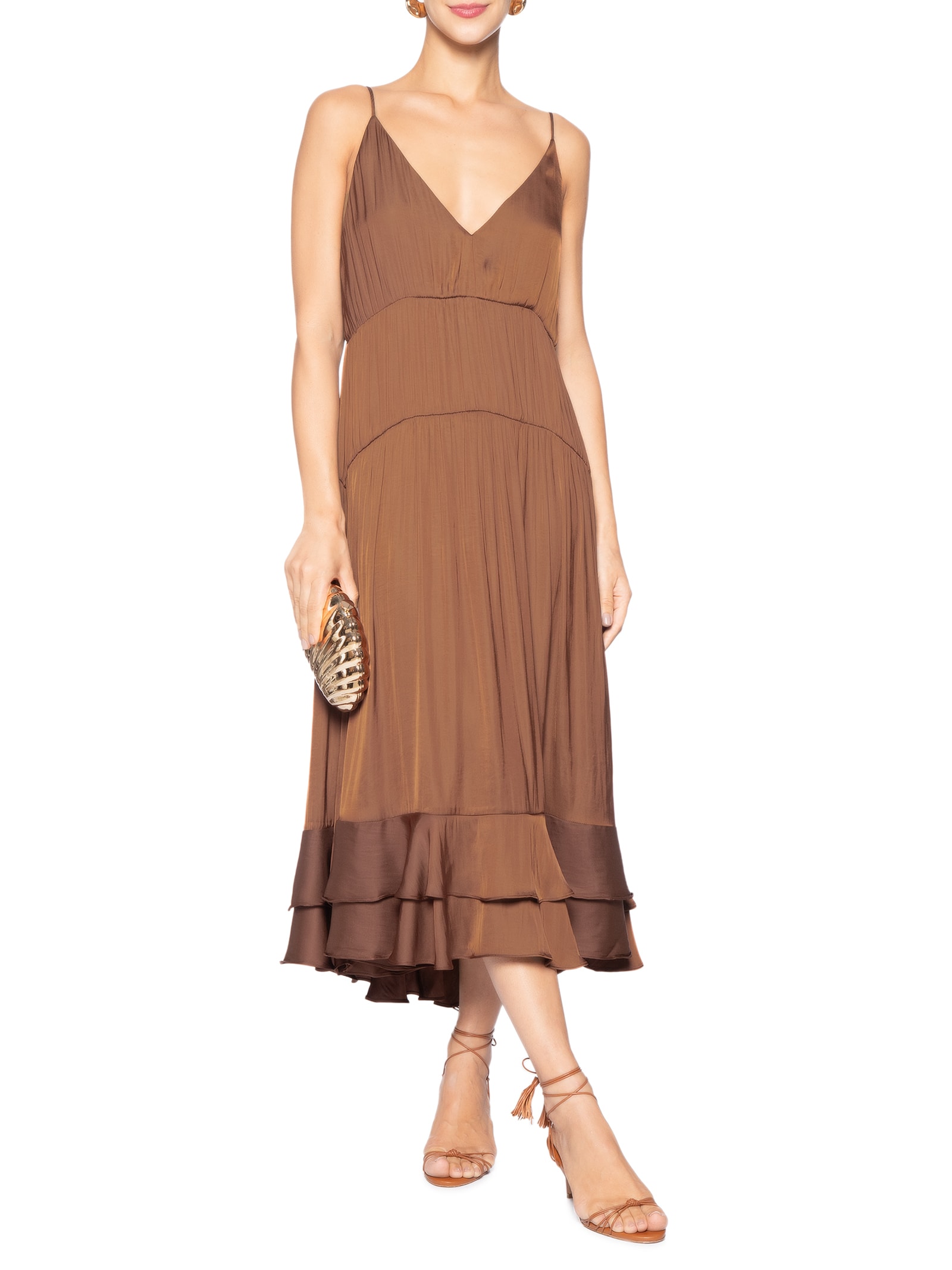 Vestido Babados Barra Marrom Farm