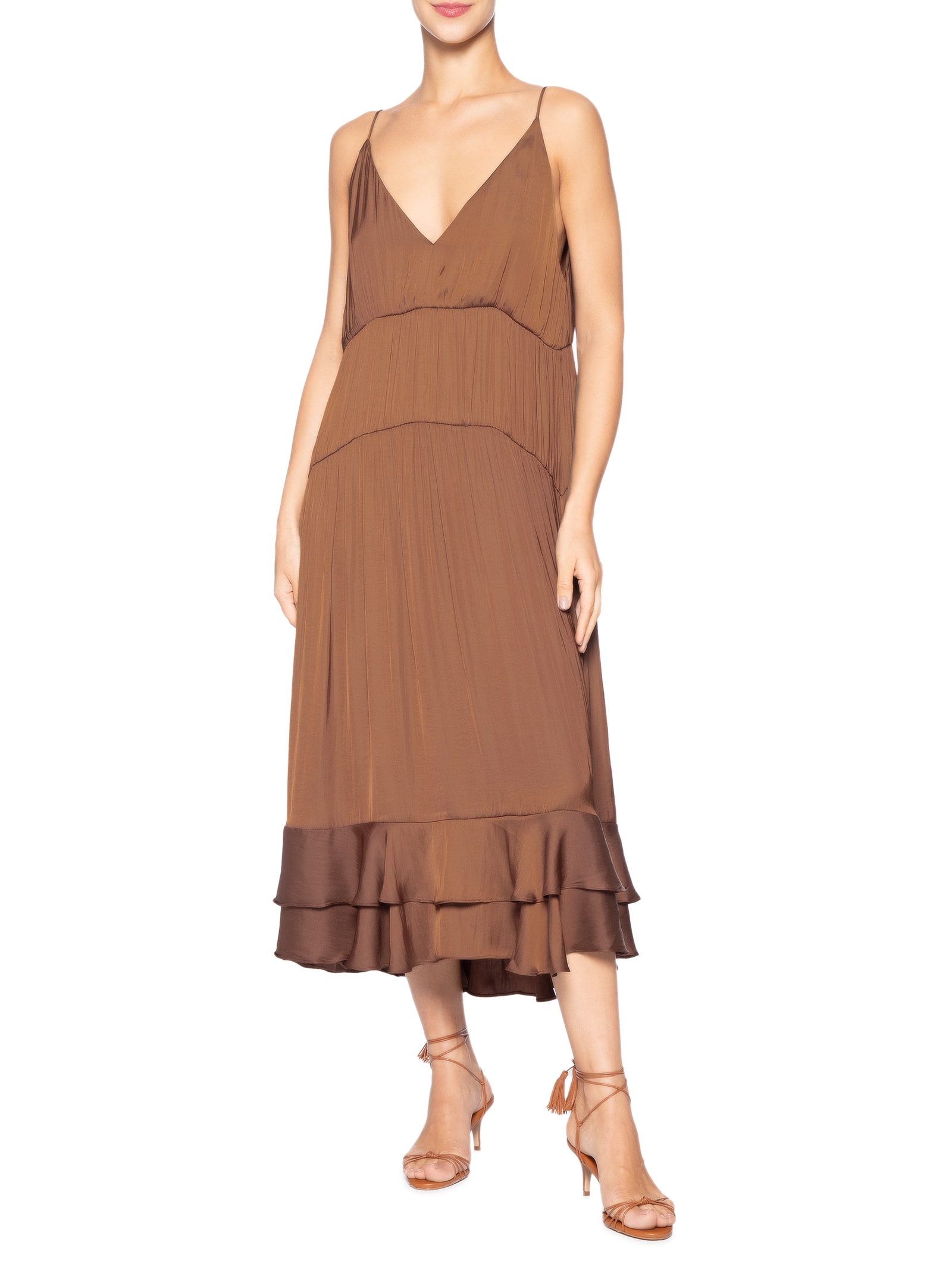 Vestido Babados Barra Marrom Farm