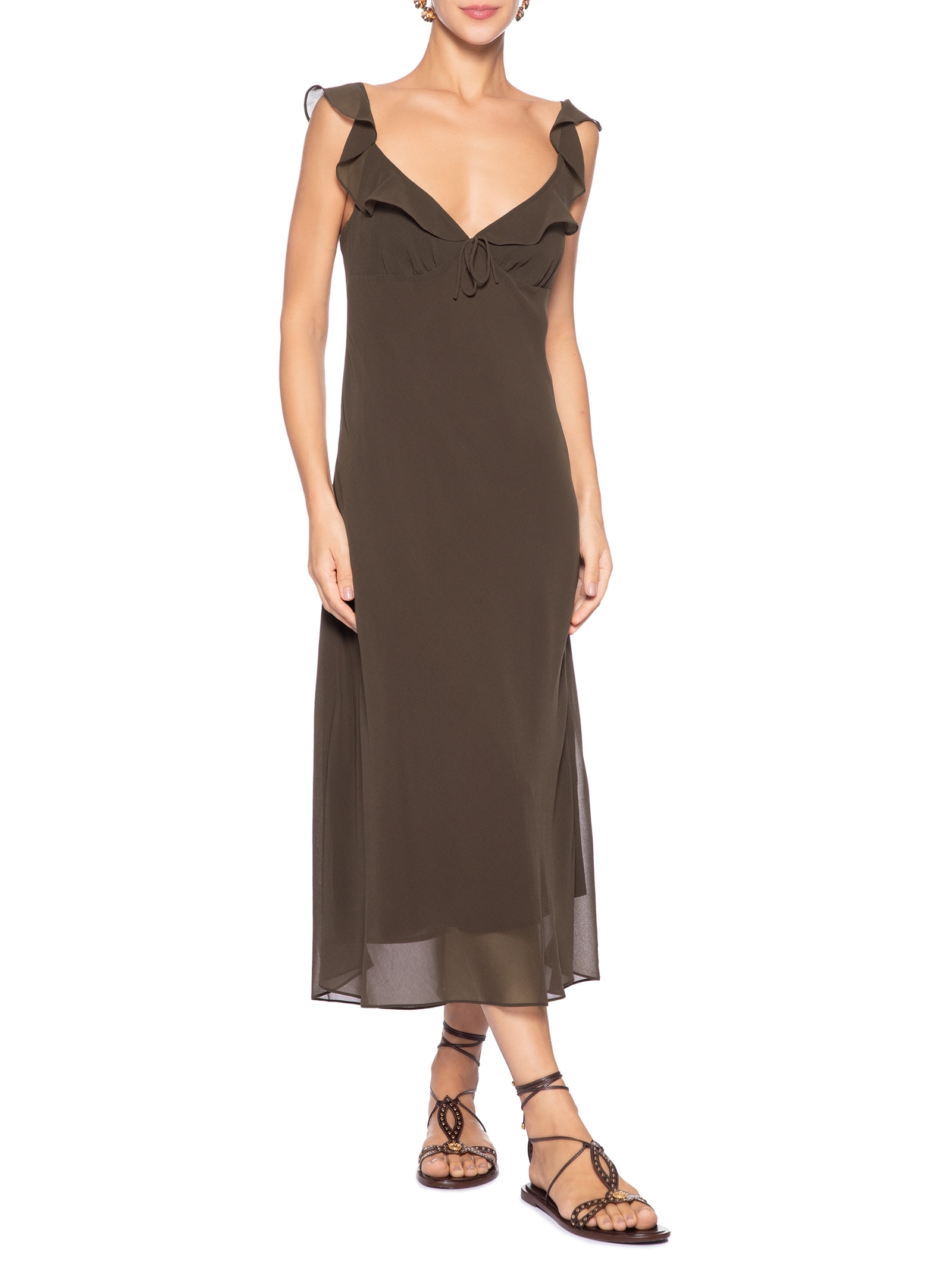 Vestido Babados Enviesado Marrom Farm