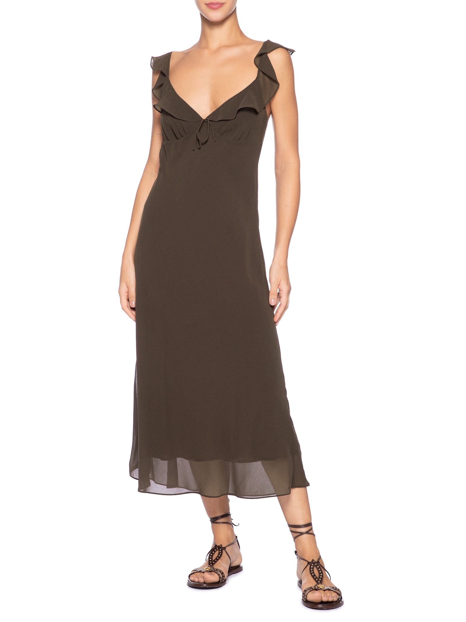 Vestido Babados Enviesado Marrom Farm