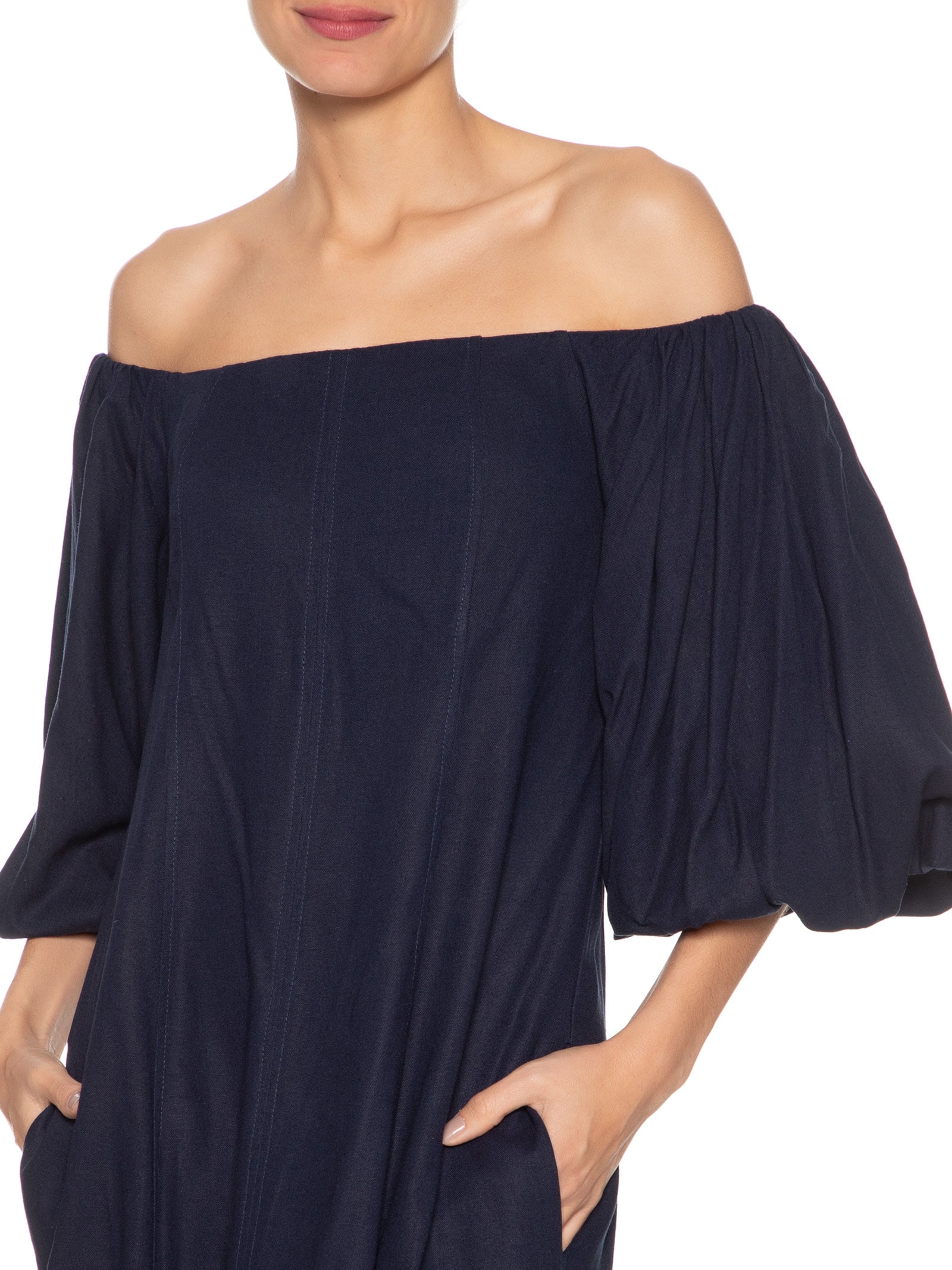 Vestido Balonê Em Linho Misto Azul '2Essential