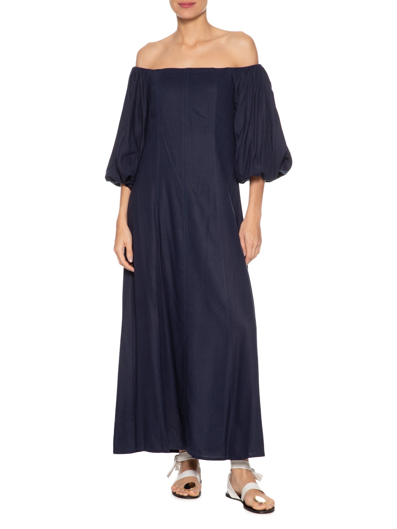 Vestido Balonê Em Linho Misto Azul '2Essential