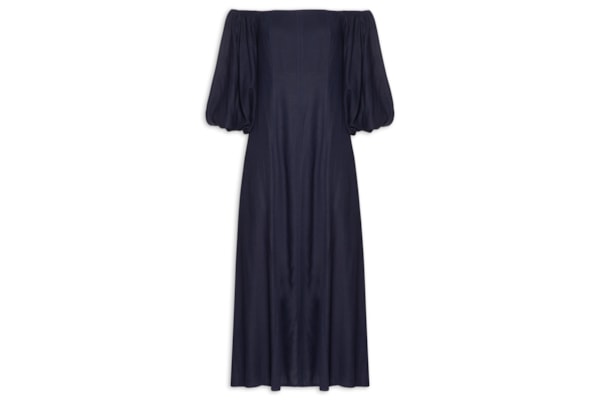 Vestido Balonê Em Linho Misto - Azul